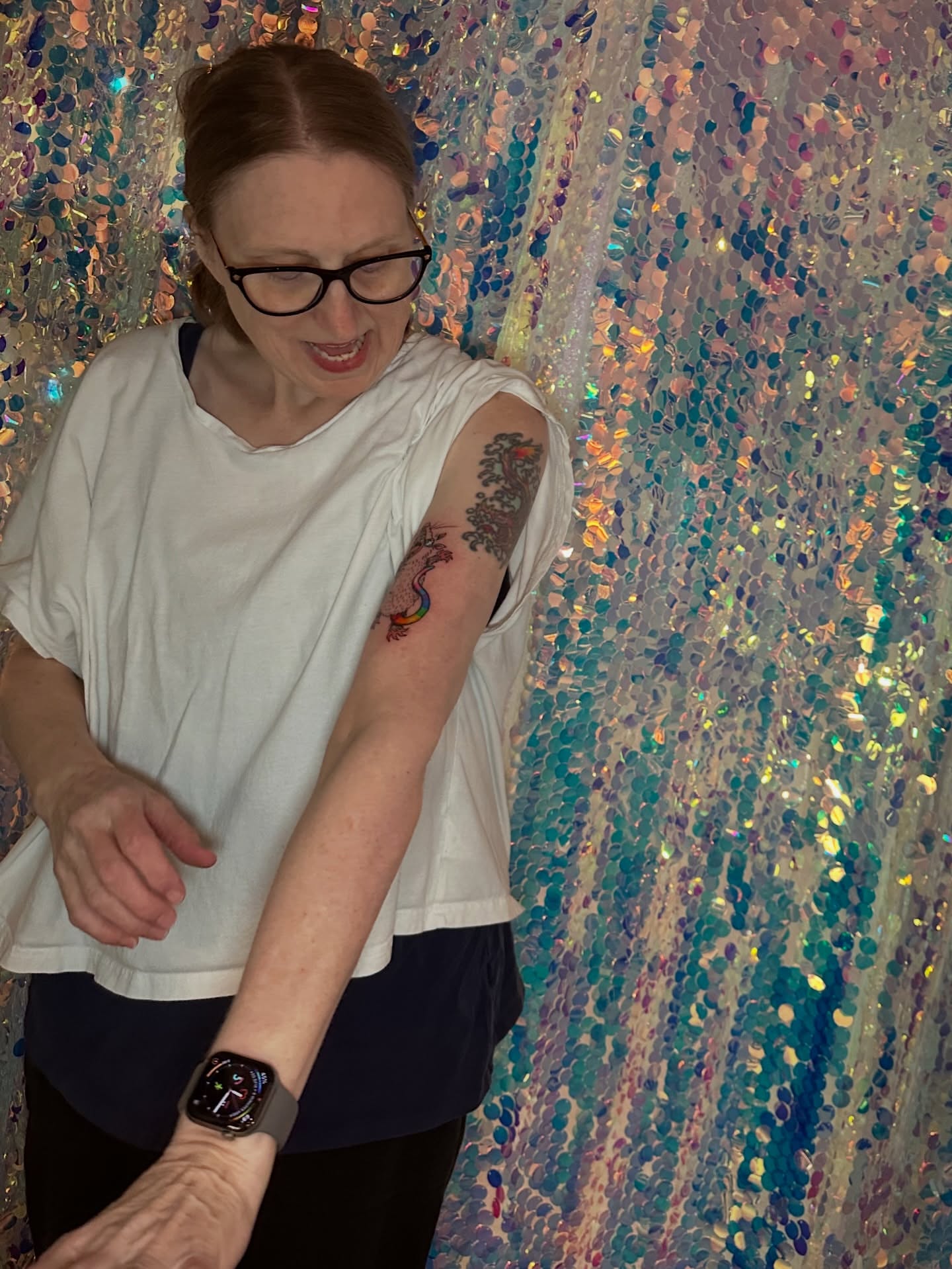 Rainbow unicorn new school tattoo on the forearm by Sunny, Austin, Texas