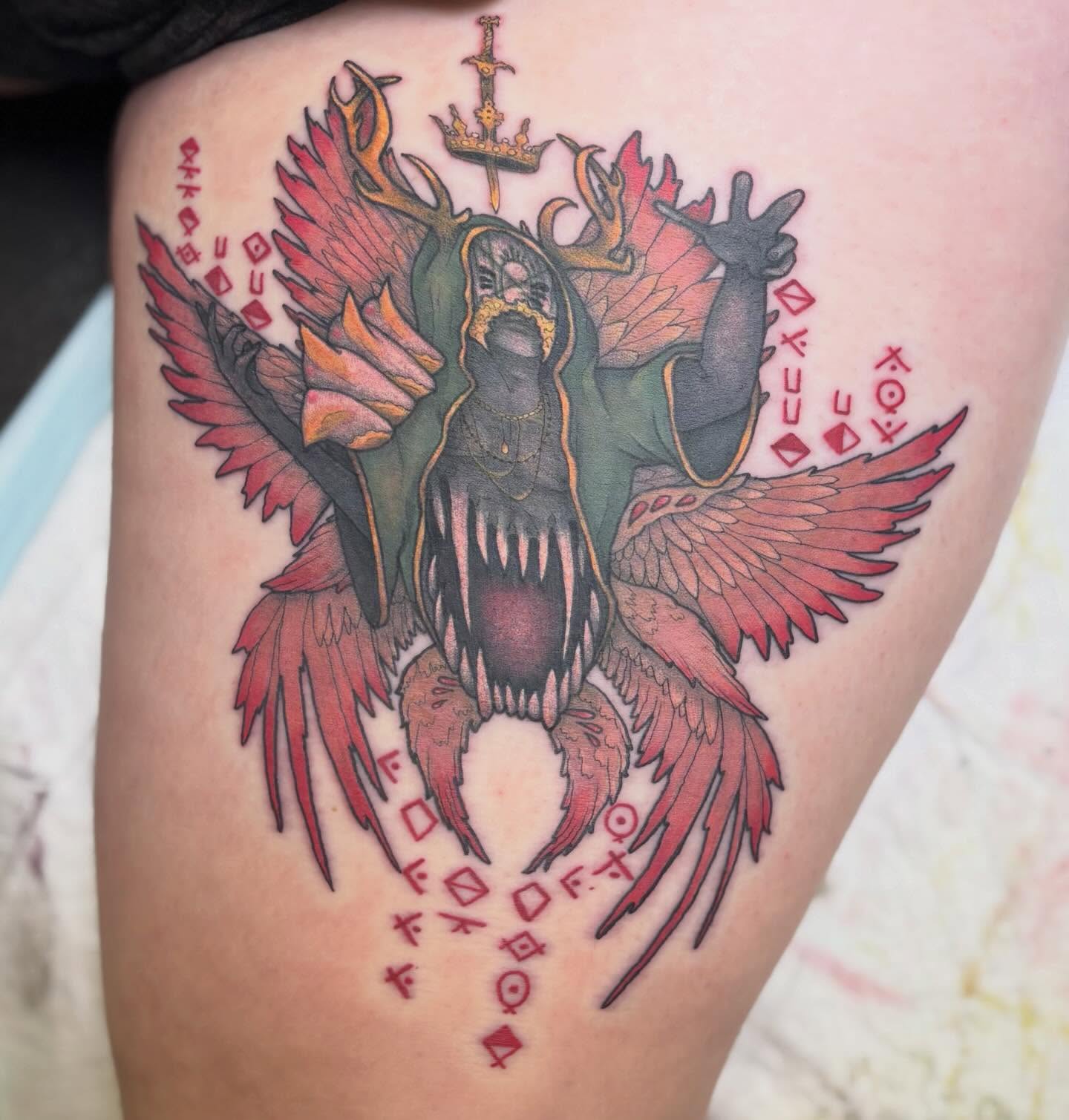 Demon with wings neo-traditional tattoo on the thigh by Olivia Buch