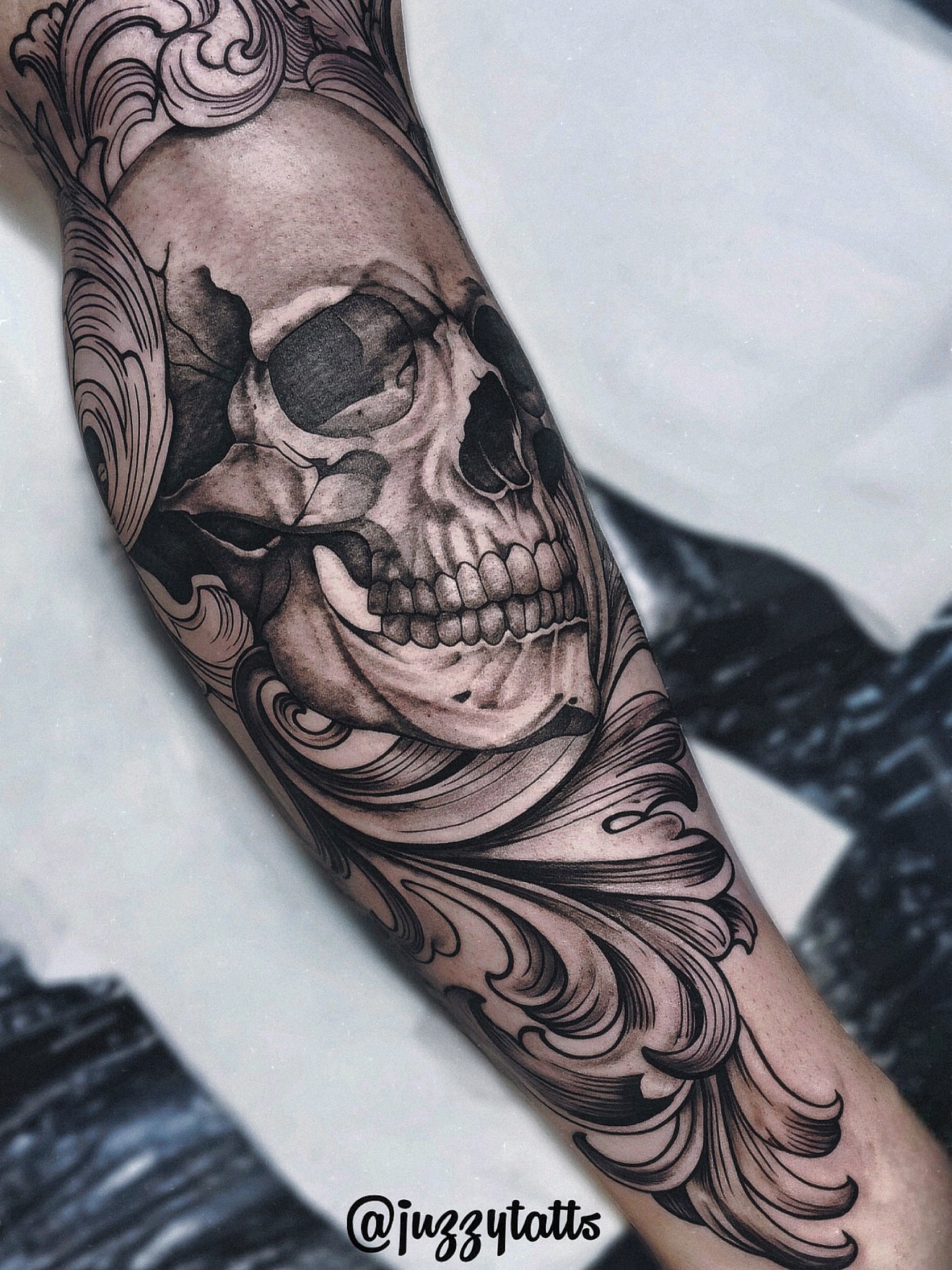Tattoo by @juzzytatts — black_and_grey, realism