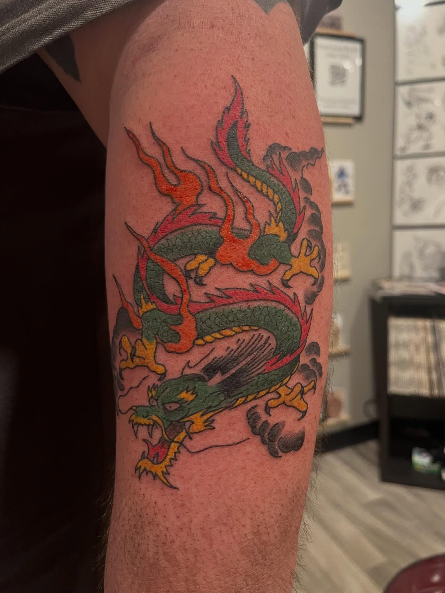 Dragon American traditional tattoo on the thigh by P R O P H e T T R A V I S