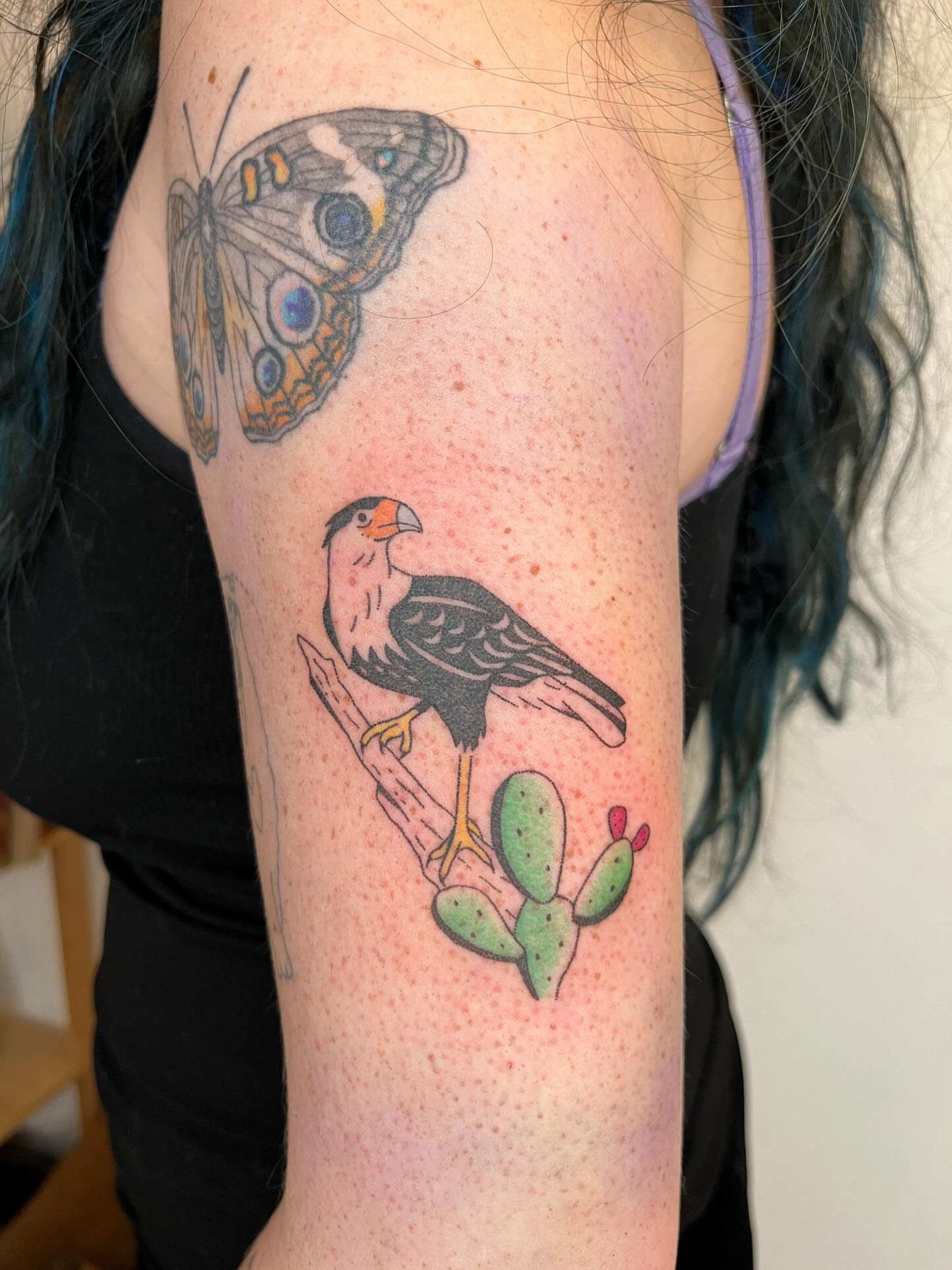 Bird and cactus realism tattoo on the forearm by natalie