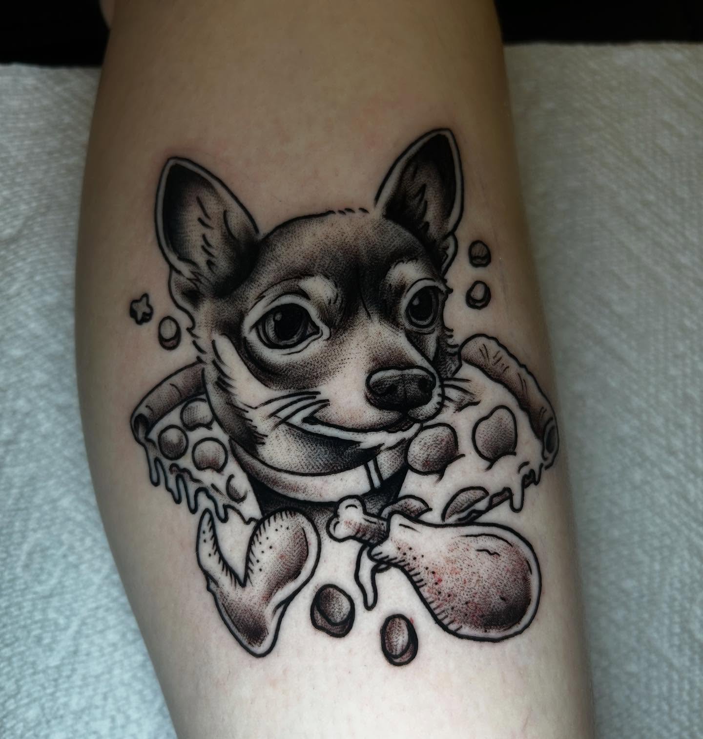 Chihuahua dotwork tattoo on the forearm by Mayhem Andrews