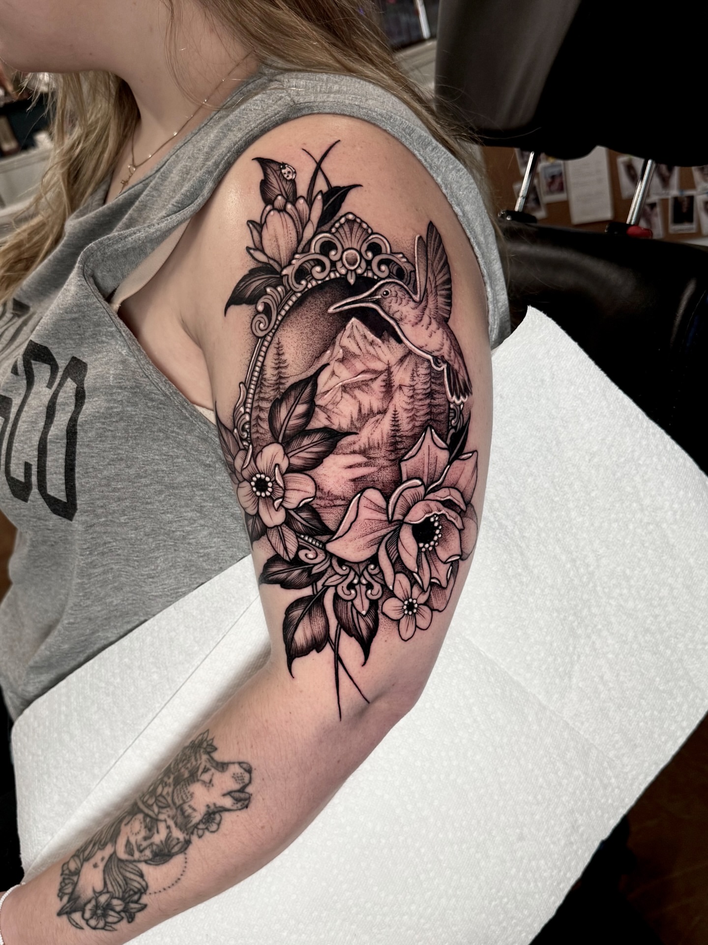 Bird and floral ornamental tattoo on the shoulder by ⚡️ Krissy Fabis ⚡️
