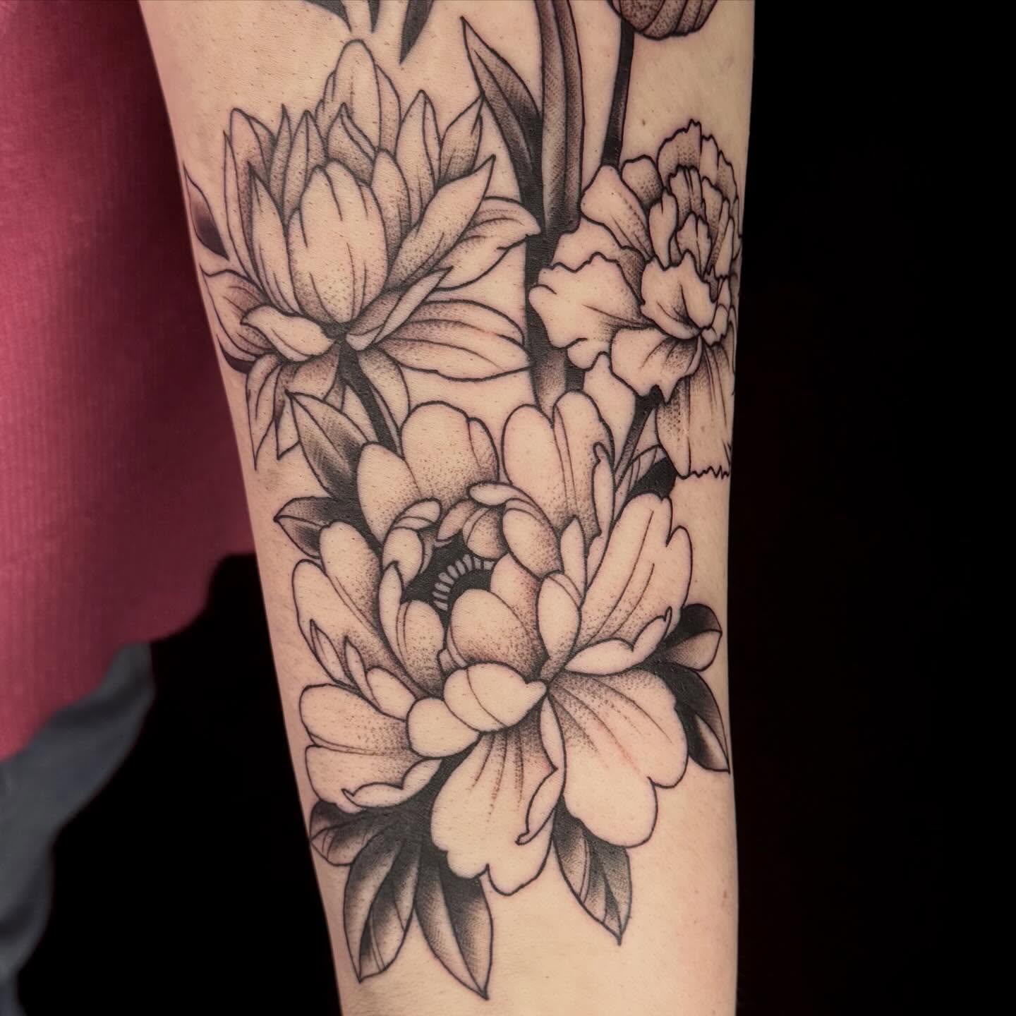 Floral bouquet dotwork tattoo on the forearm by Kalina Lynn