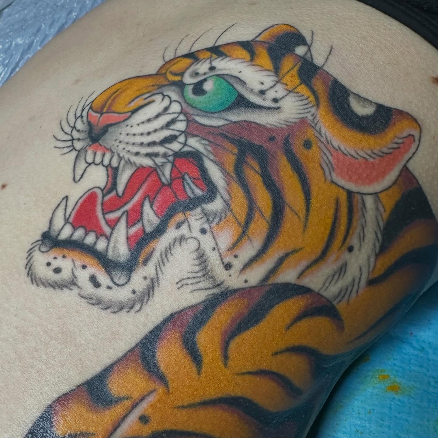 Roaring tiger American traditional tattoo on the thigh by Austin Murfitt