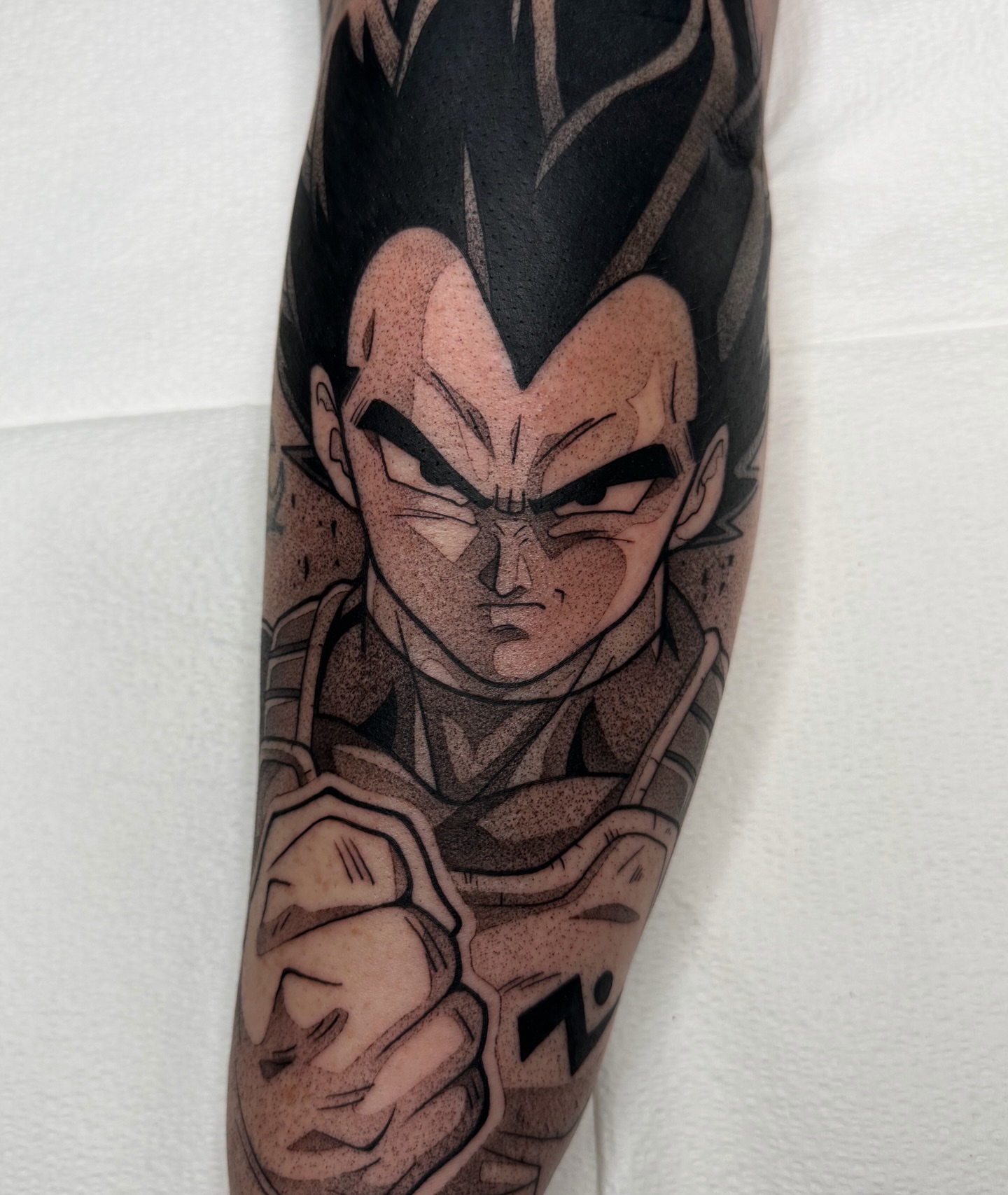 Vegeta dotwork tattoo on the forearm by Z, Greenville, South Carolina