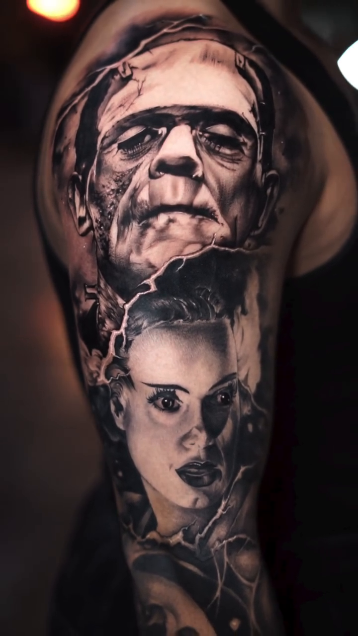 Frankenstein's monster and Bride, Ghostface mask realism tattoo by Daniel Gonzalez