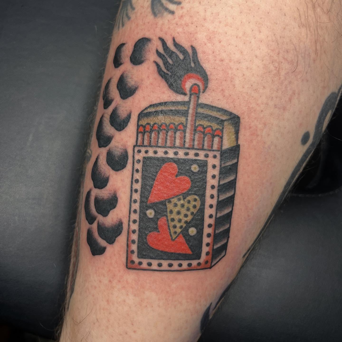 Matchbox with hearts American traditional tattoo on the thigh by Nicole💀, Salt Lake City, Utah