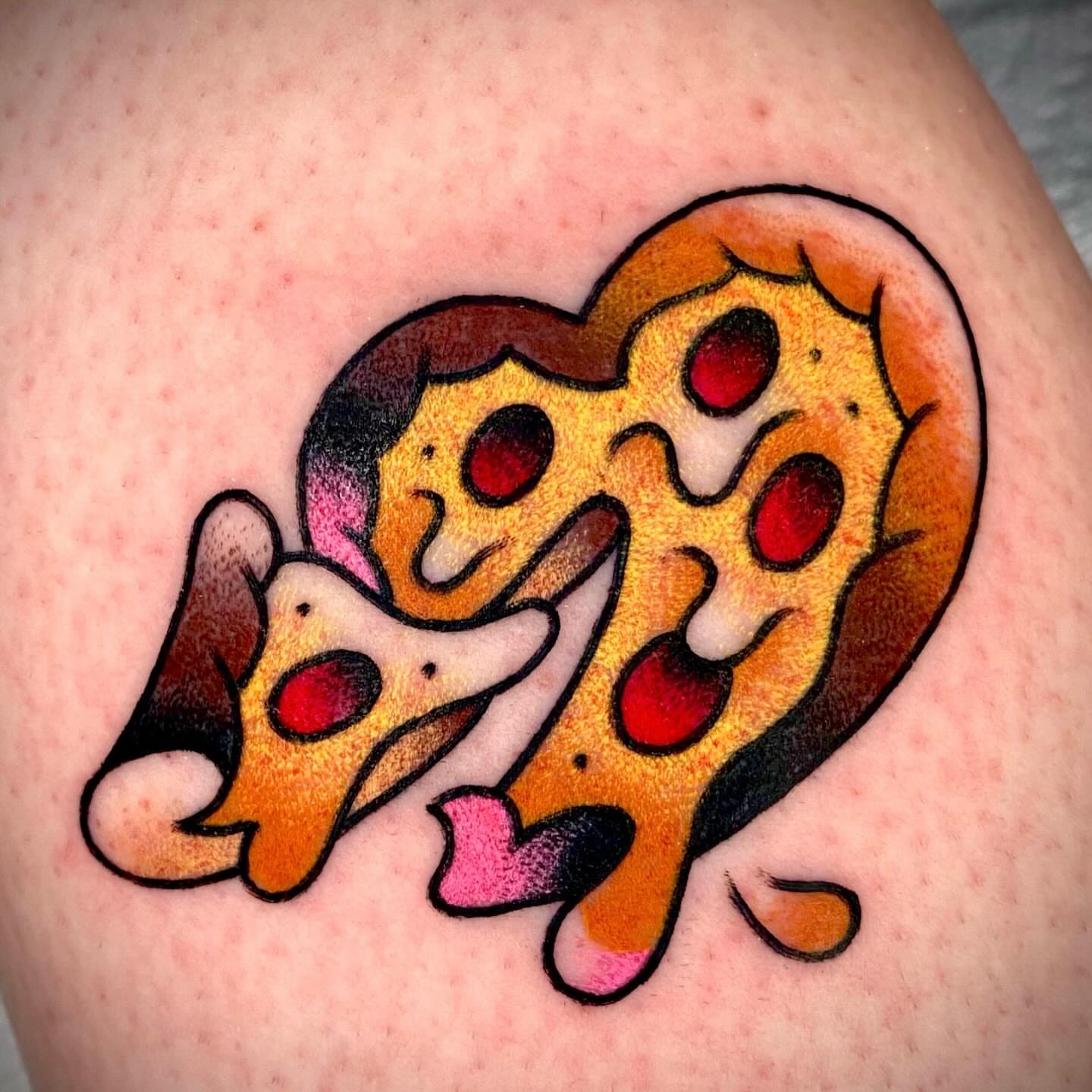 Pizza slices American traditional tattoo on the thigh by Zach Knisley (Wiz)