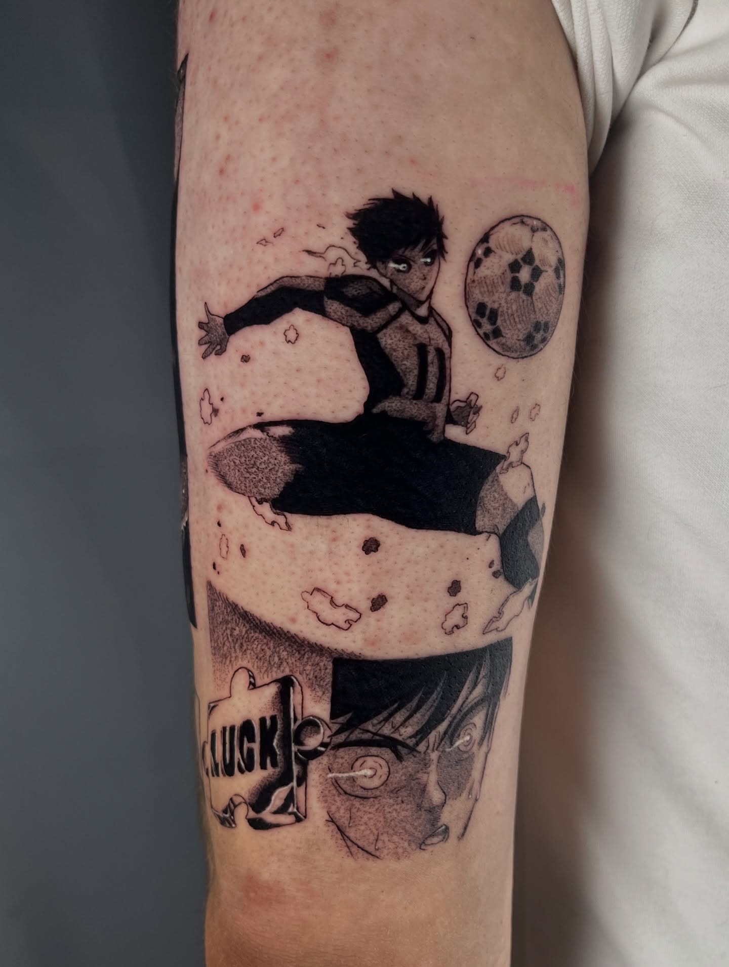 Soccer player black and grey tattoo on the forearm by Odi ✮⋆˙, Las Vegas, Nevada