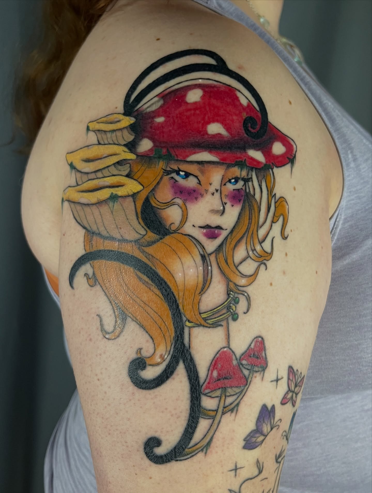 Mushroom girl illustrative tattoo on the shoulder by Odi ✮⋆˙, Las Vegas, Nevada