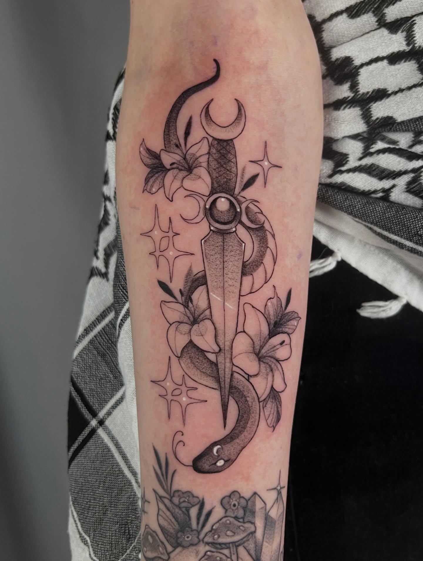 Sword and snake black and grey tattoo on the forearm by Odi ✮⋆˙, Las Vegas, Nevada
