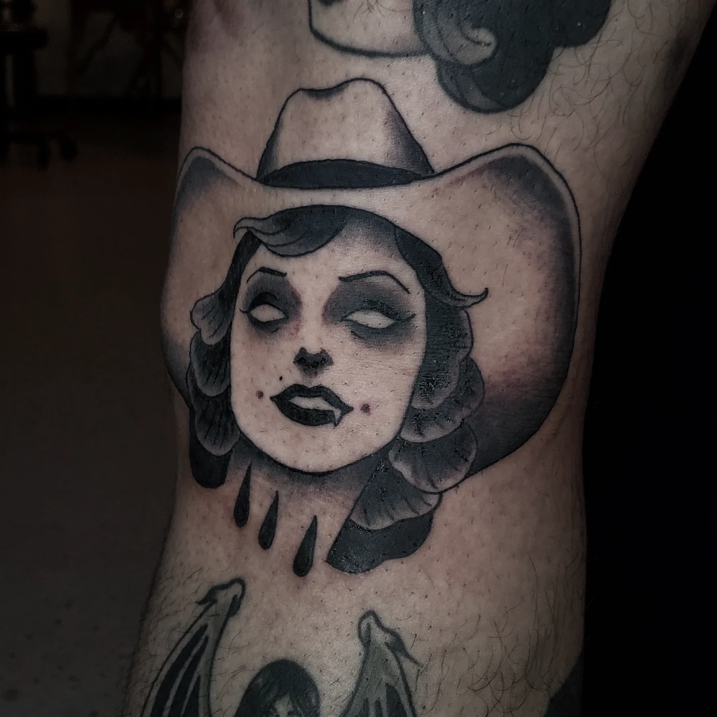 Woman wearing hat American traditional tattoo on the forearm by ✙ 𝐉𝐃 𝐒𝐩𝐫𝐨𝐮𝐥 ✙, Austin, Texas