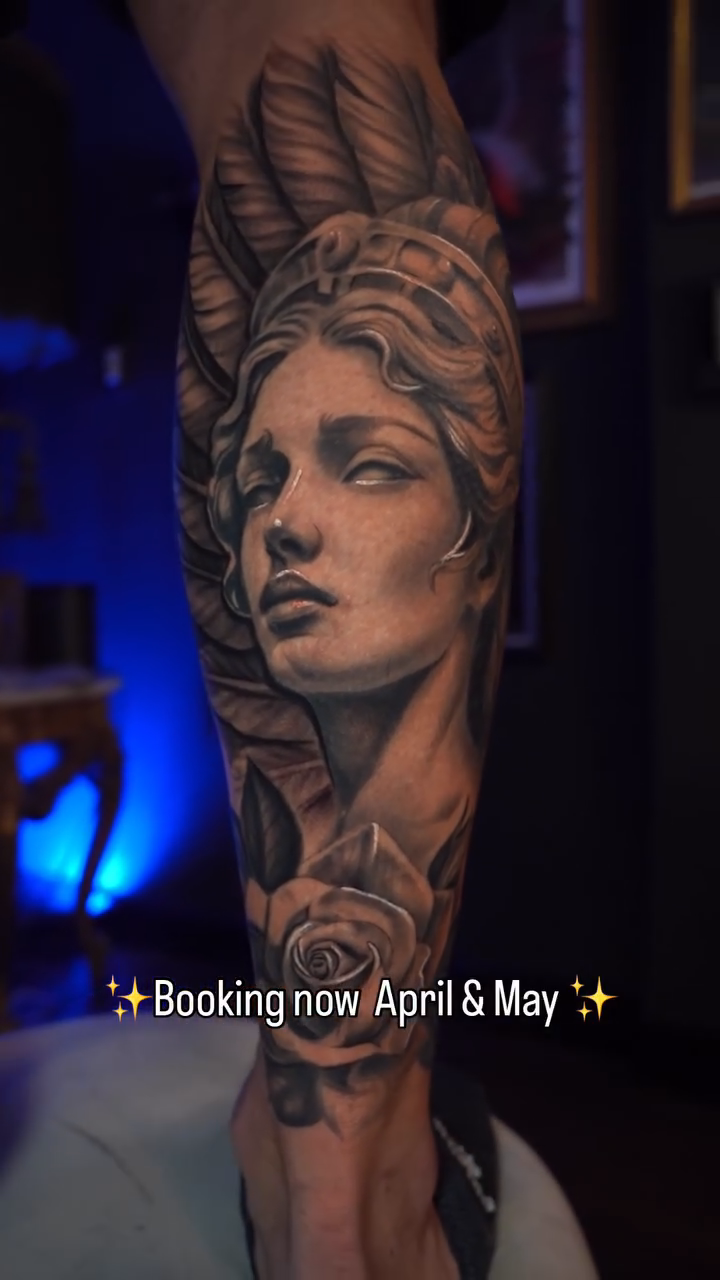 Woman bust and rose realism tattoo by Cristian Rodriguez