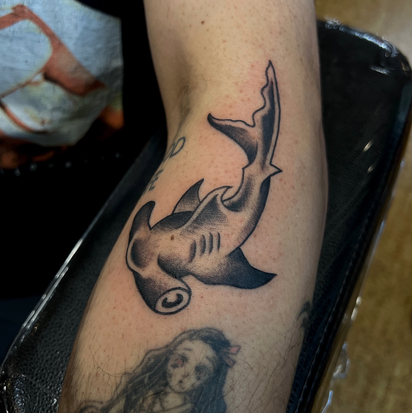 Shark black and grey tattoo on the forearm by David Delacruz