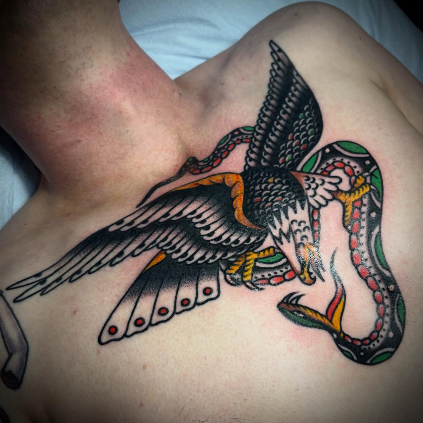 Eagle American traditional tattoo on the chest by Danny DiBlasi, San Francisco, California