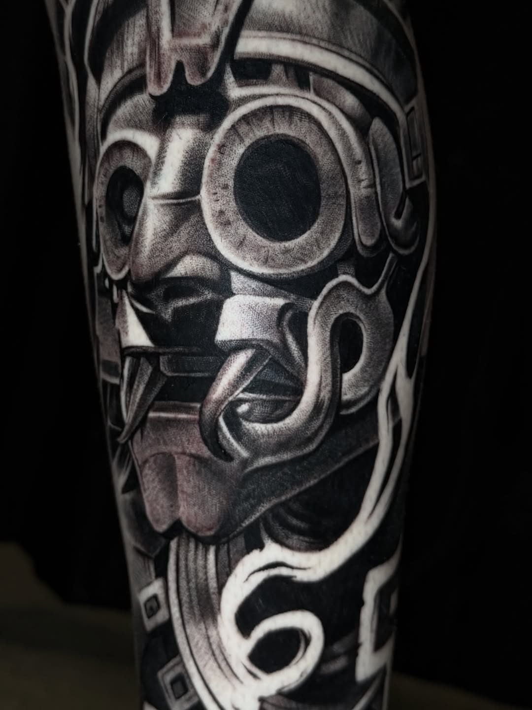 Aztec mask realism tattoo on the forearm by Las Vegas tattoo Artist