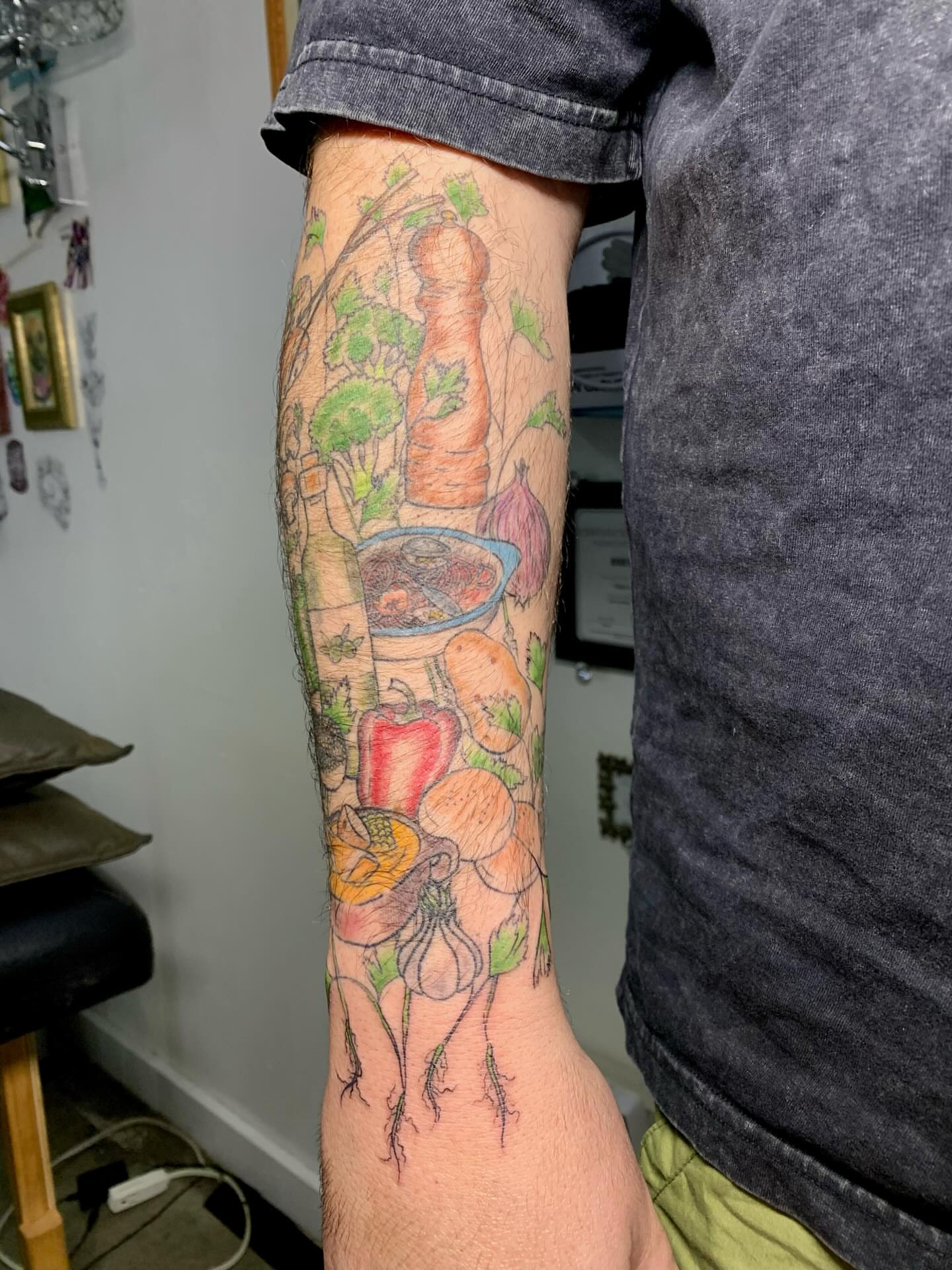 Vegetables and flowers realism tattoo on the forearm by CharlieBoy