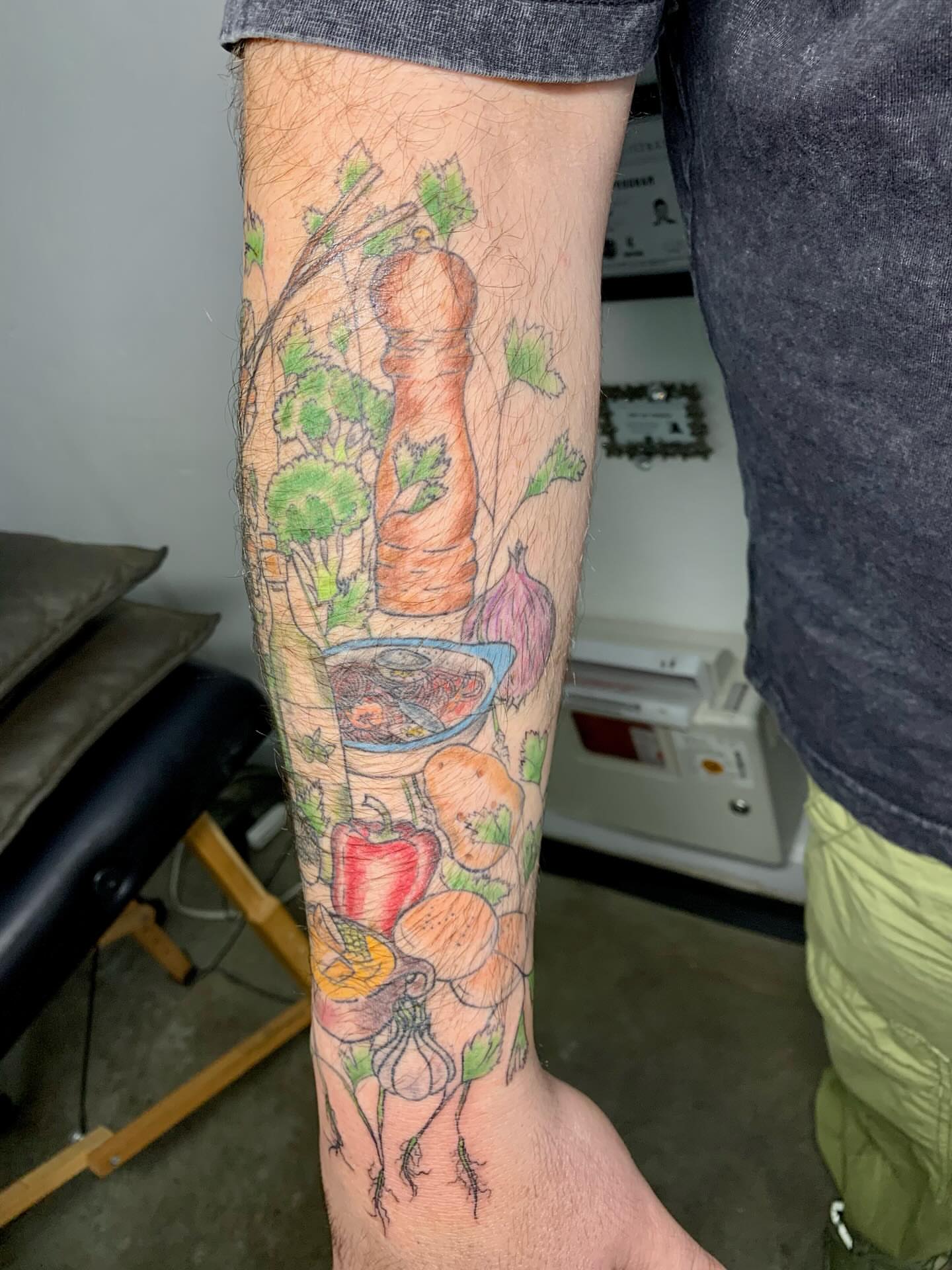 Vegetables and herbs realism tattoo on the forearm by CharlieBoy