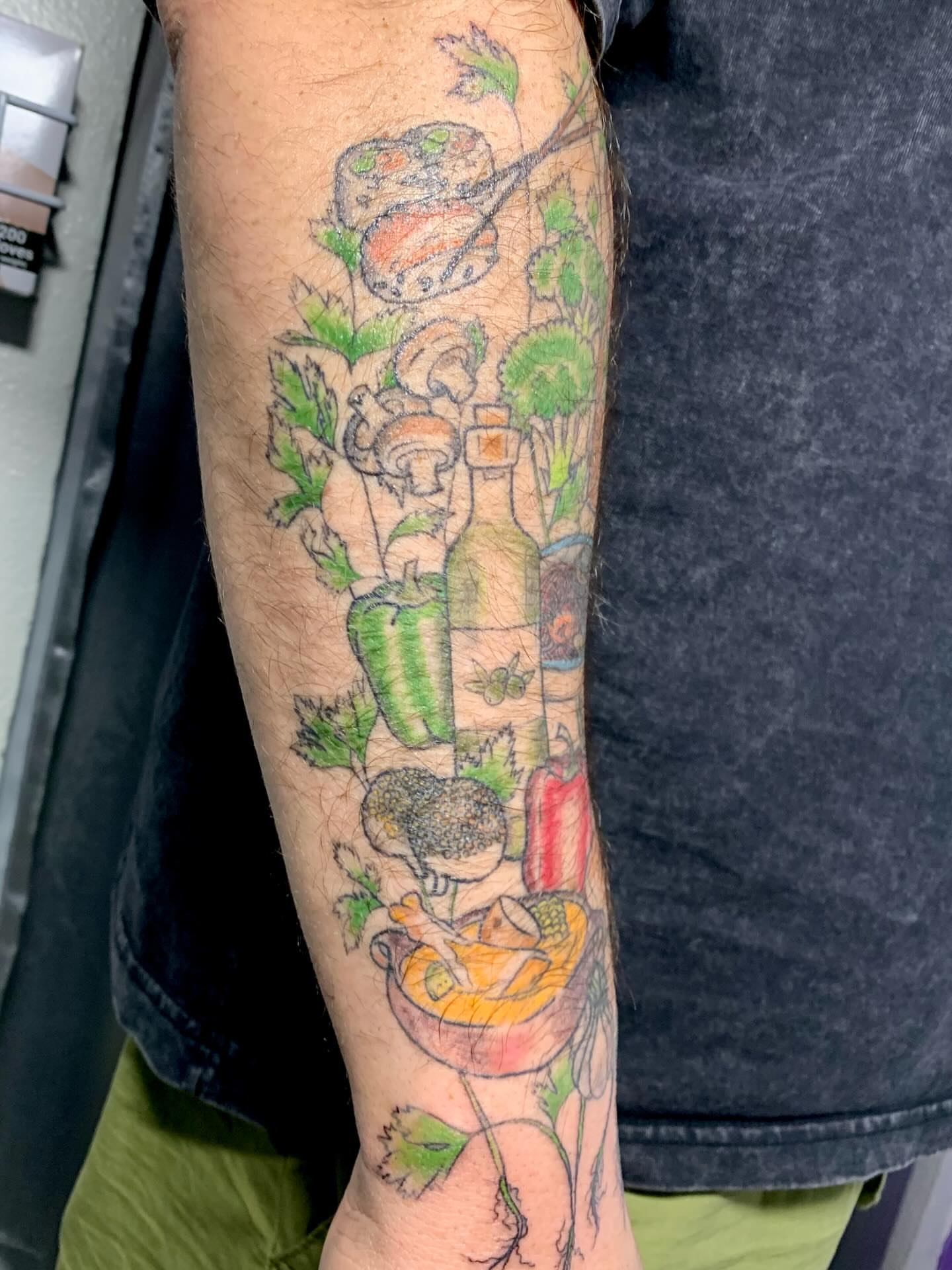 Vegetables and mushrooms new school tattoo on the forearm by CharlieBoy