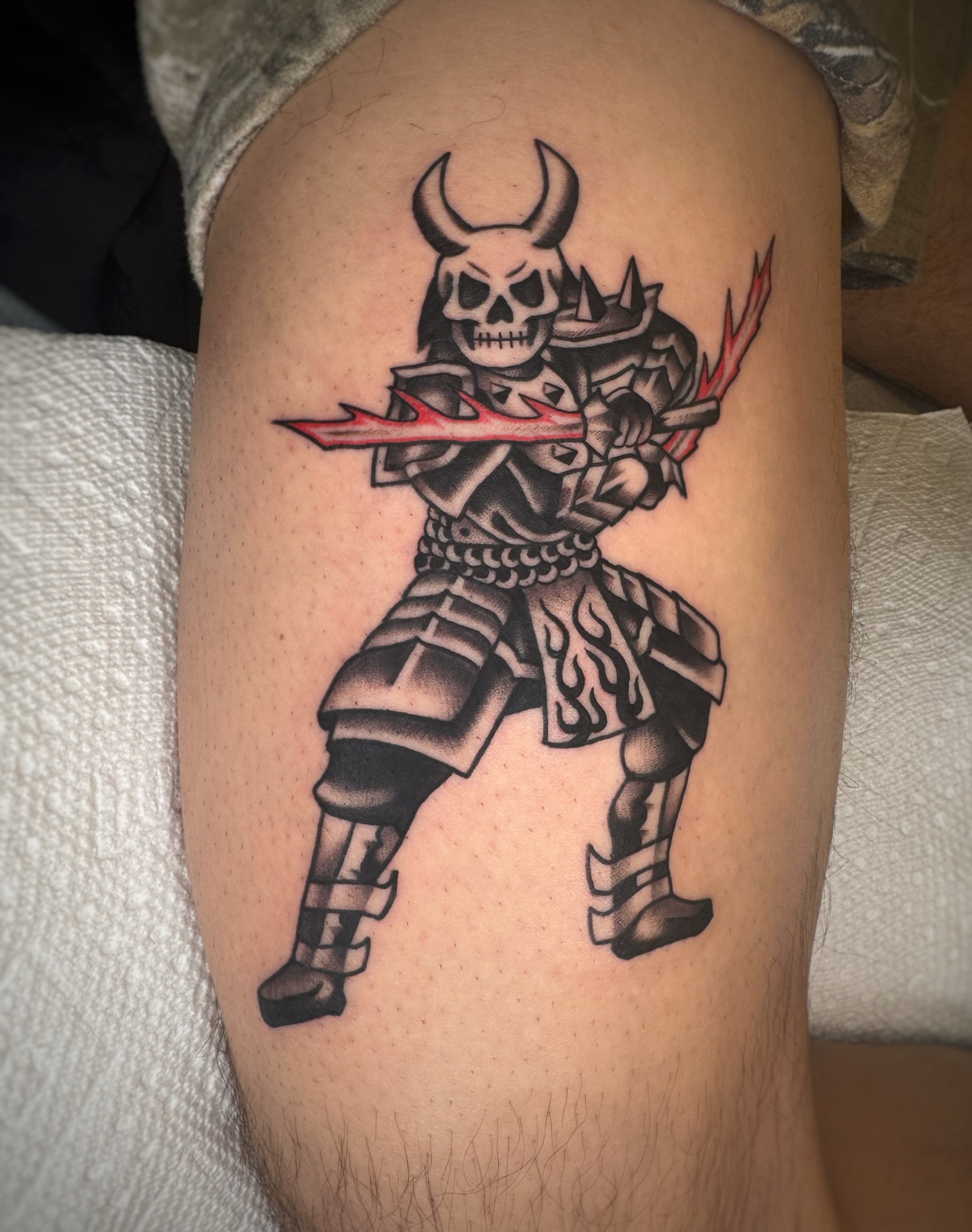 Samurai warrior japanese irezumi tattoo on the thigh by Cori James Tattoo Artist
