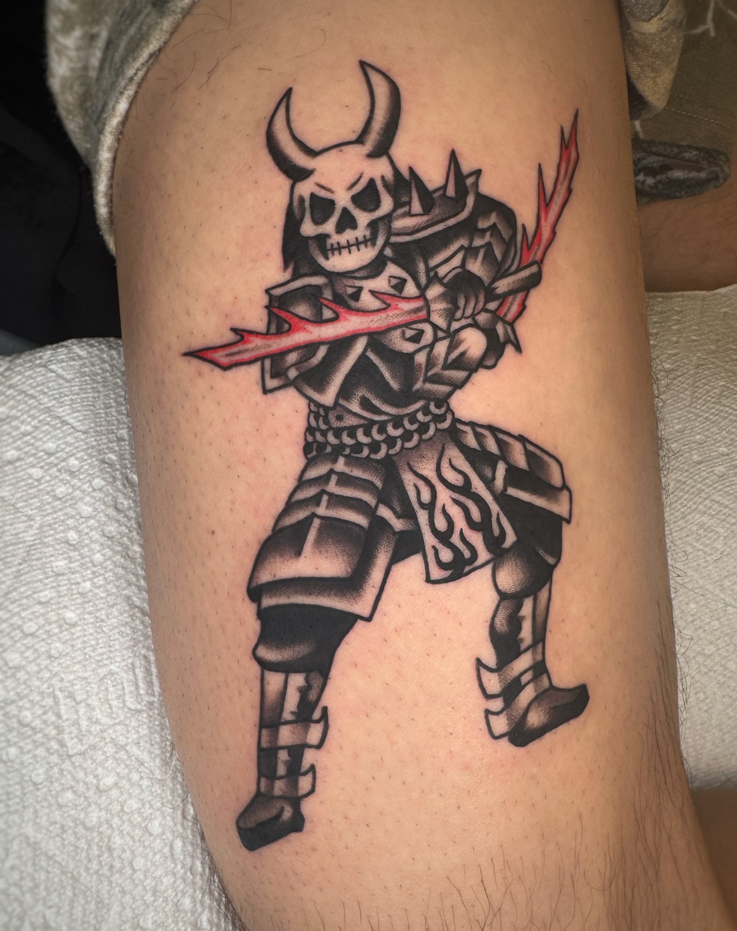 Samurai warrior black and grey tattoo on the thigh by Cori James Tattoo Artist