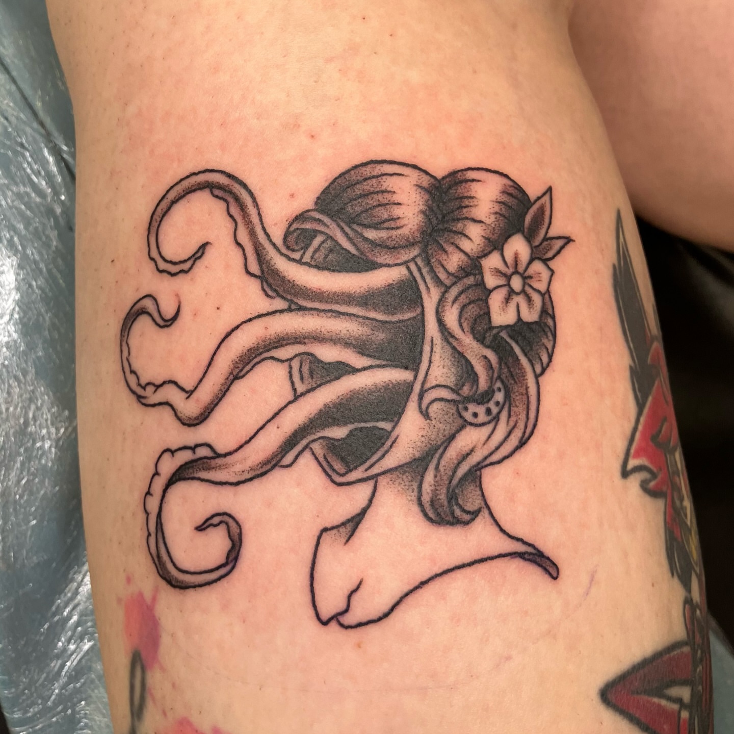 Octopus dotwork tattoo on the forearm by maddie mcghee, Memphis, Tennessee