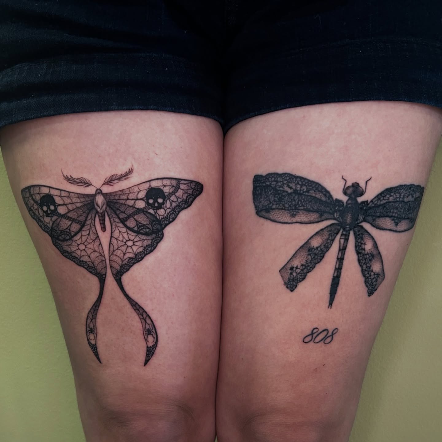 Moths geometric tattoo on the thigh by Cassy D, Miami, Florida