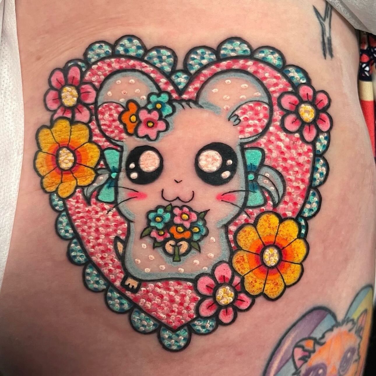Kawaii mouse dotwork tattoo on the thigh by Bailey Drey