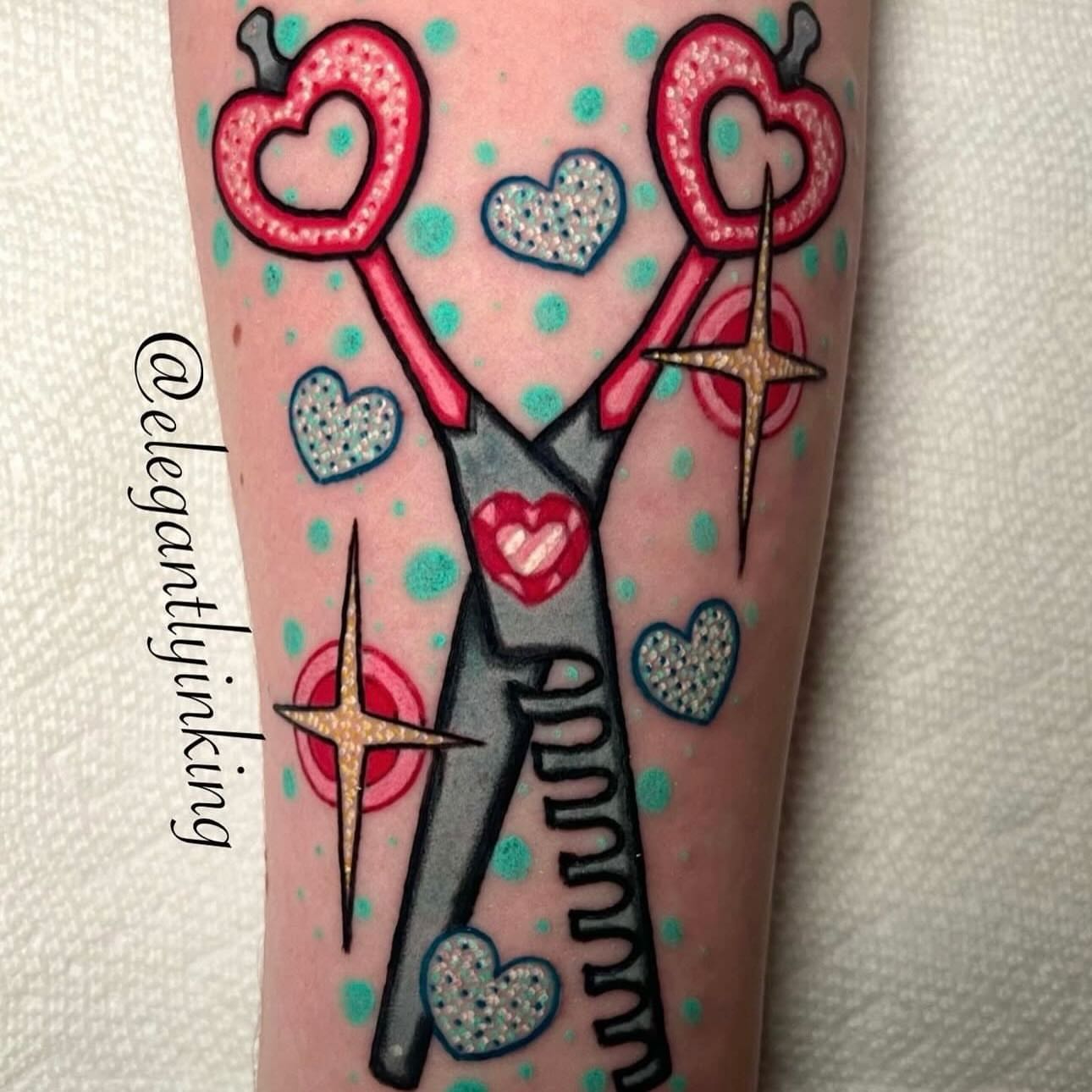 Scissors and hearts trash polka tattoo on the forearm by Bailey Drey