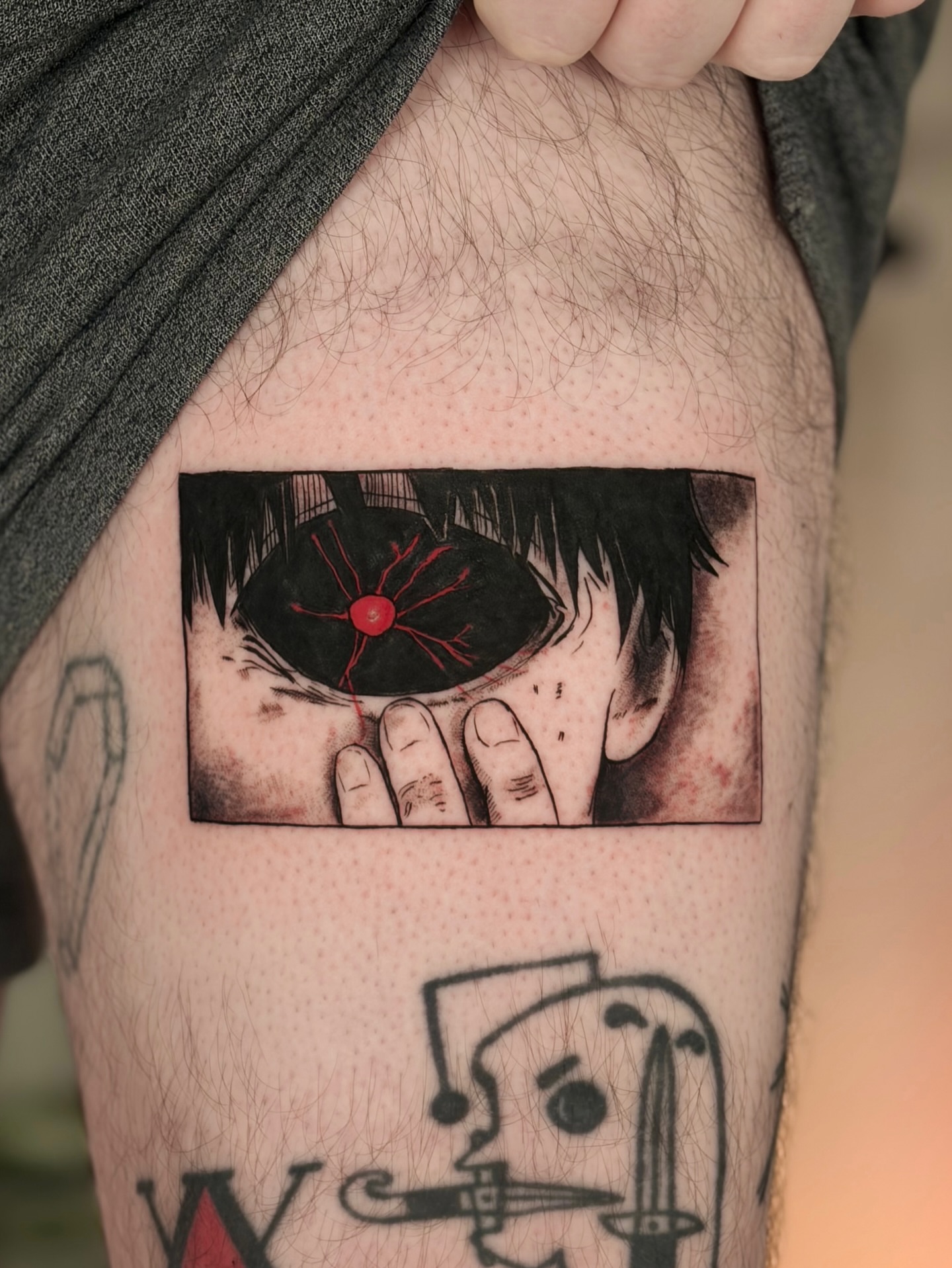 Anime eye dotwork tattoo on the thigh by Quinn ᶻ 𝗓 𐰁 .ᐟ, Charlotte, North Carolina