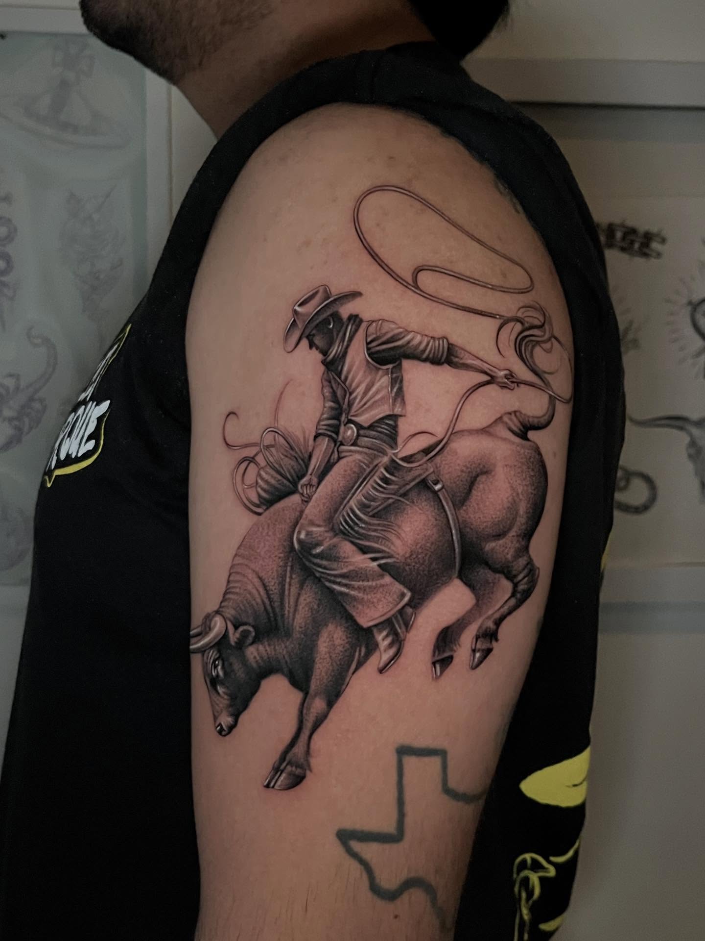 Bull riding realism tattoo on the forearm by Single Needle ๐ชฉ