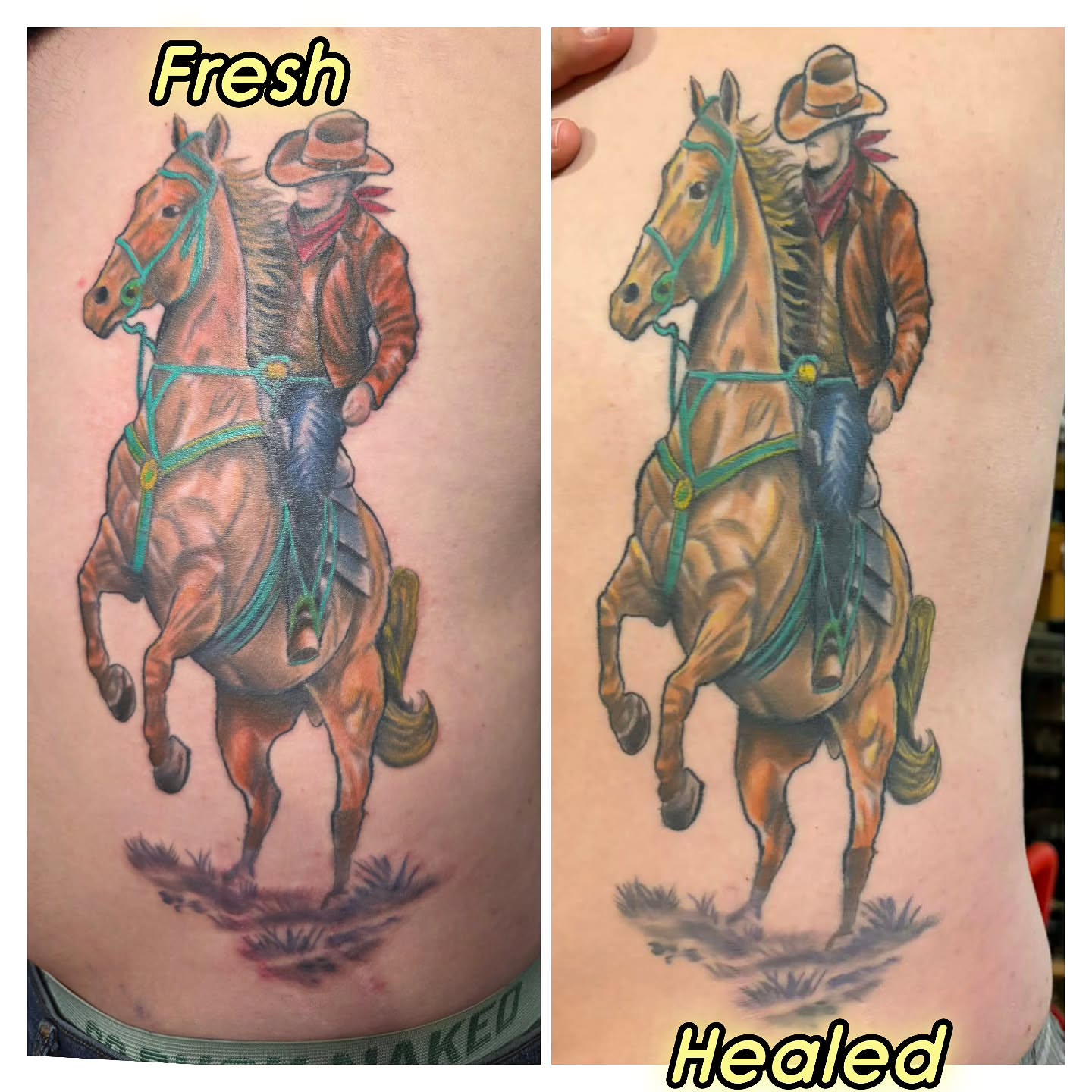 Cowboy riding horse realism tattoo on the thigh by Rusty Williams
