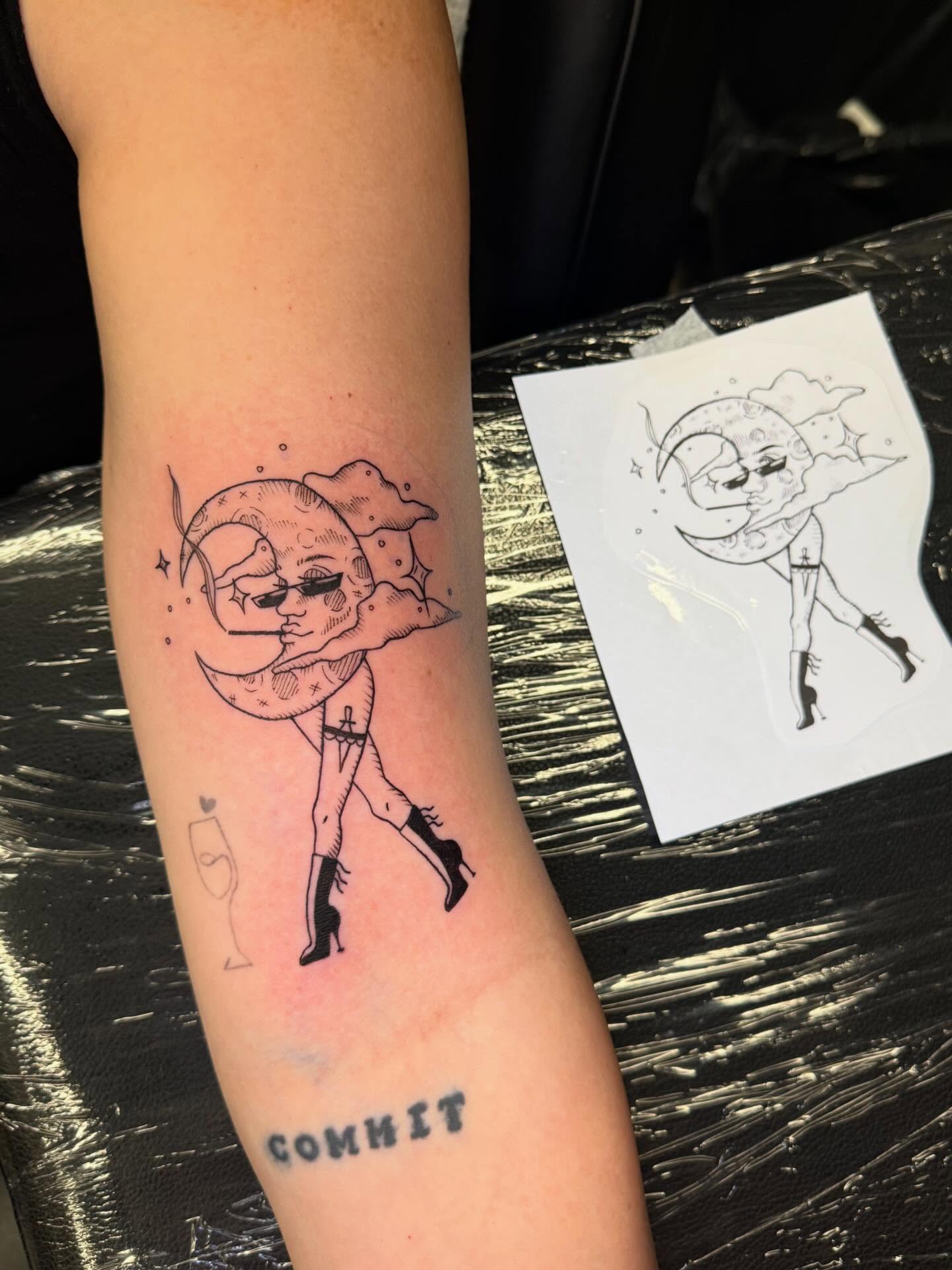 Moon and woman black and grey tattoo on the forearm by Tyla Pistak, Seattle, Washington