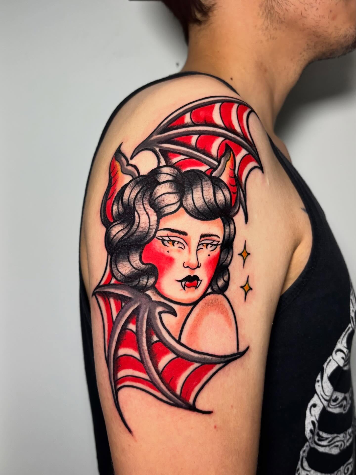 Woman with horns American traditional tattoo on the shoulder by ✶ 𝑺𝑰𝑳𝑽𝑨𝑵𝑨