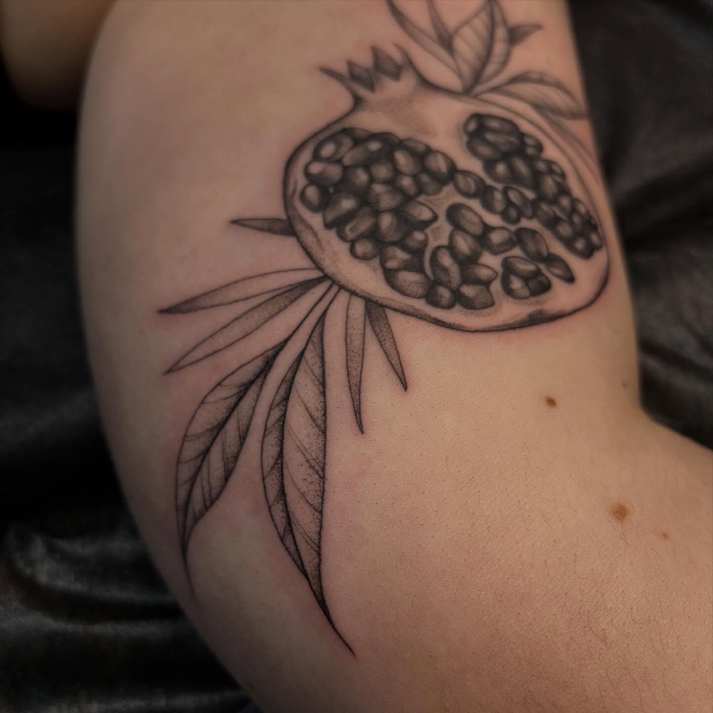 Pomegranate black and grey tattoo on the forearm by Hailey Nicole