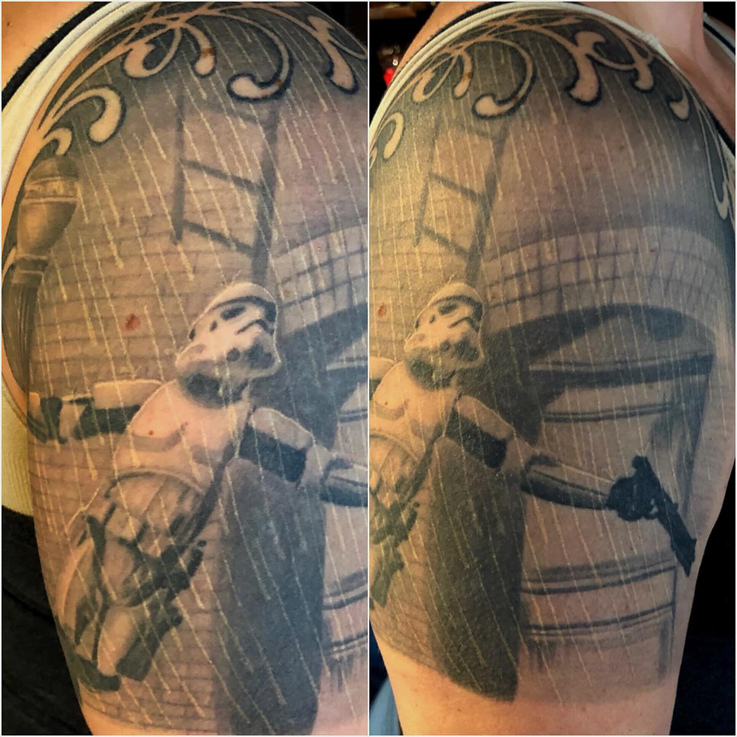 Stormtrooper black and grey tattoo on the upper arm by Patrick Delvar