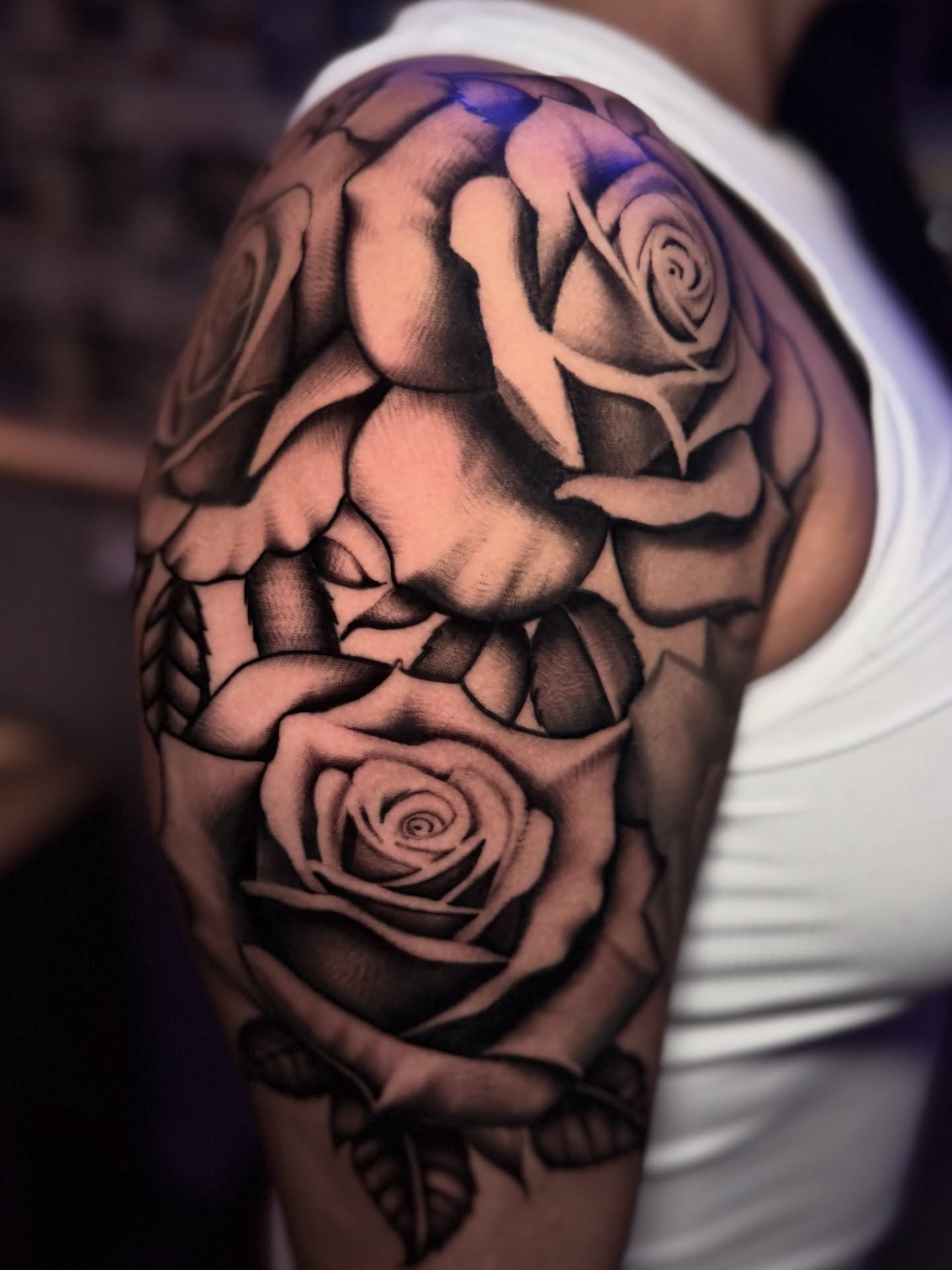 Roses realism tattoo on the shoulder by Ricky Salinas Jr. π€, San Antonio, Texas