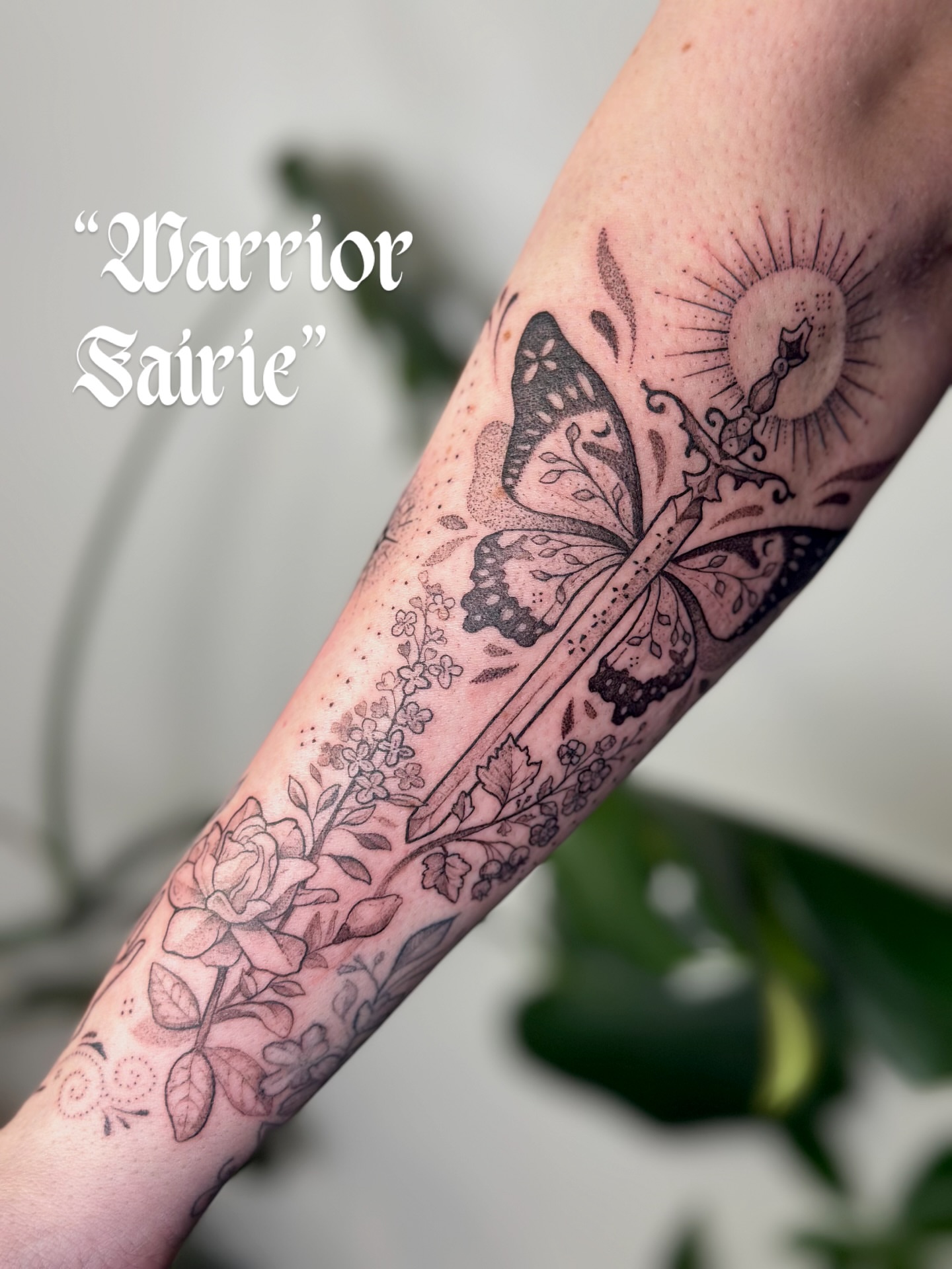 Butterfly and sun dotwork tattoo on the forearm by Santiago Don, Portland, Oregon