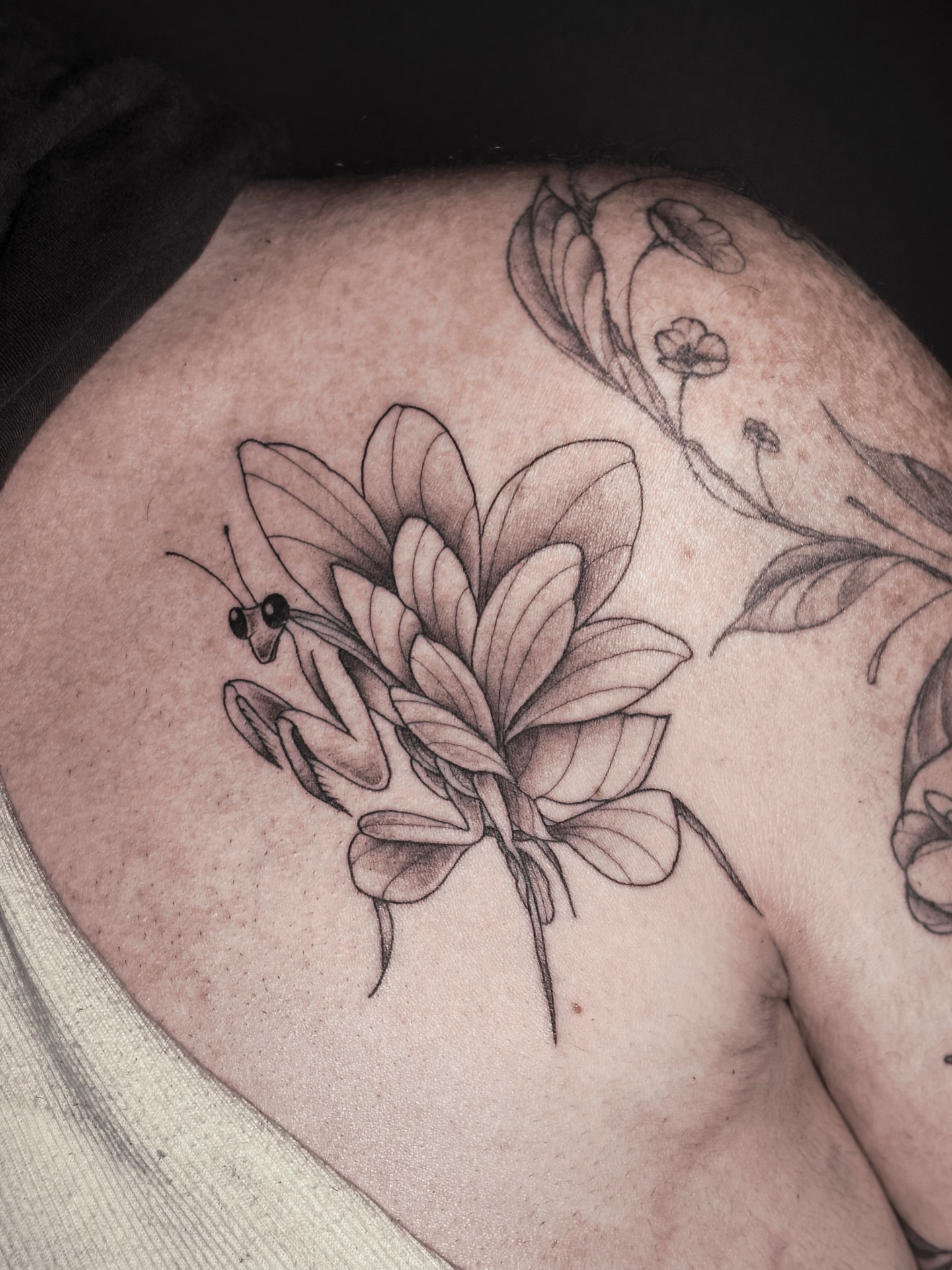 Flower black and grey tattoo on the torso by Fine Line Tattoo Artist