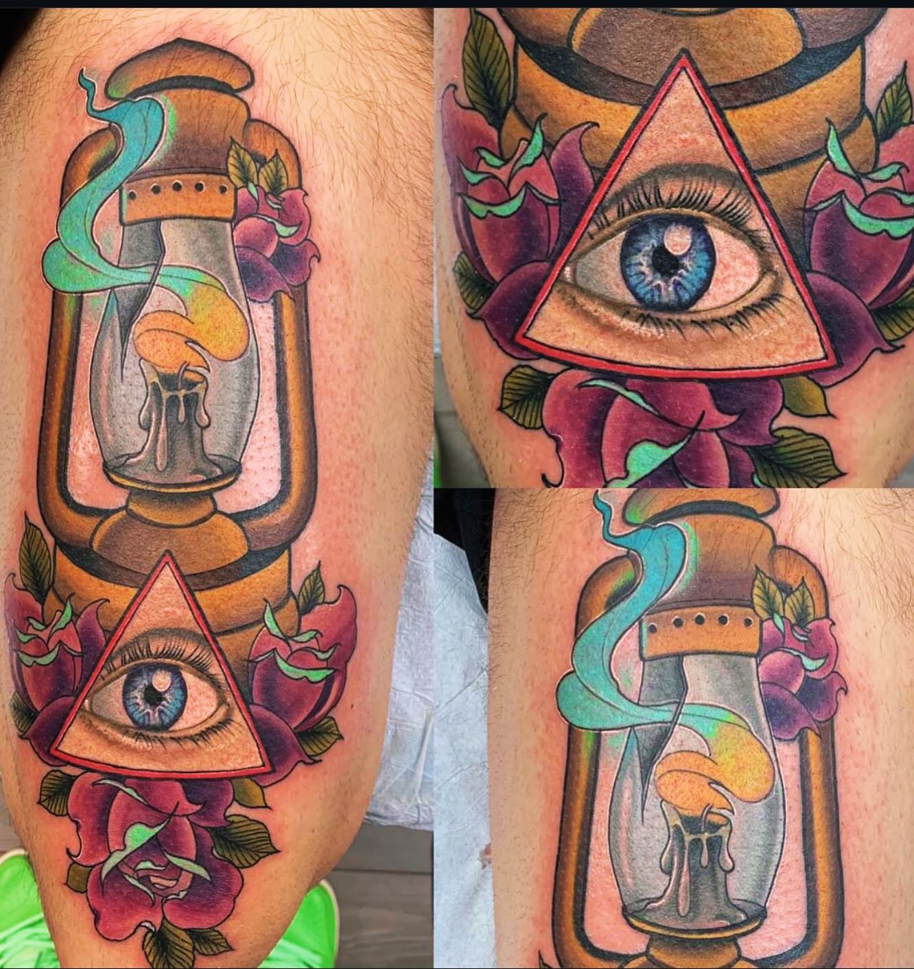 Lamp and eye American traditional tattoo on the thigh by Justin Weins