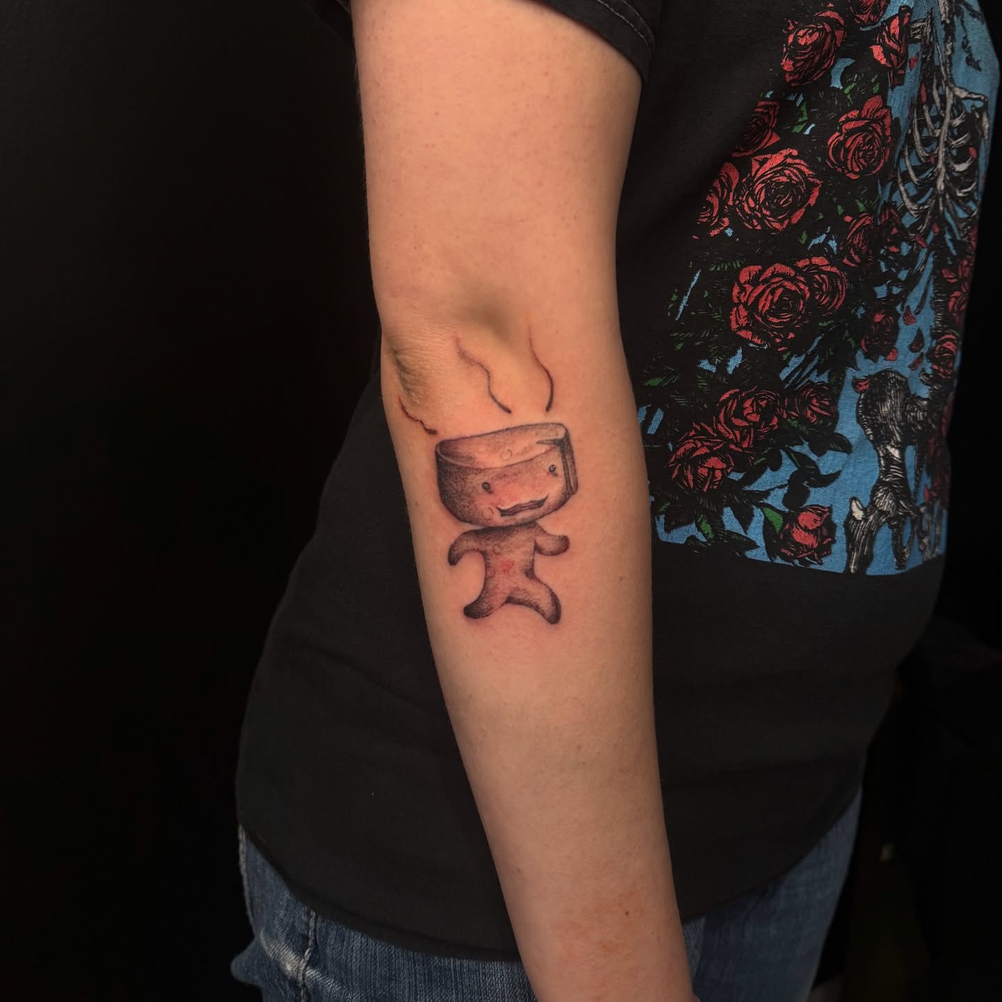 Steam cup character dotwork tattoo on the forearm by dewduls :), Berkeley, California