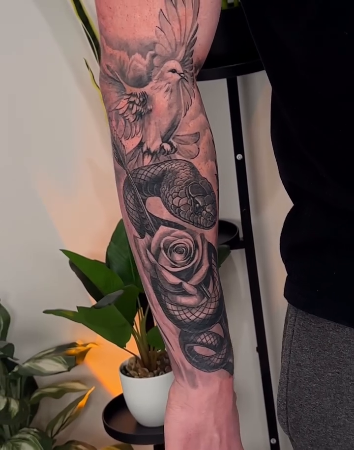 Praying hands, snake, rose, dove realism tattoo by Nathan, Charlotte, North Carolina