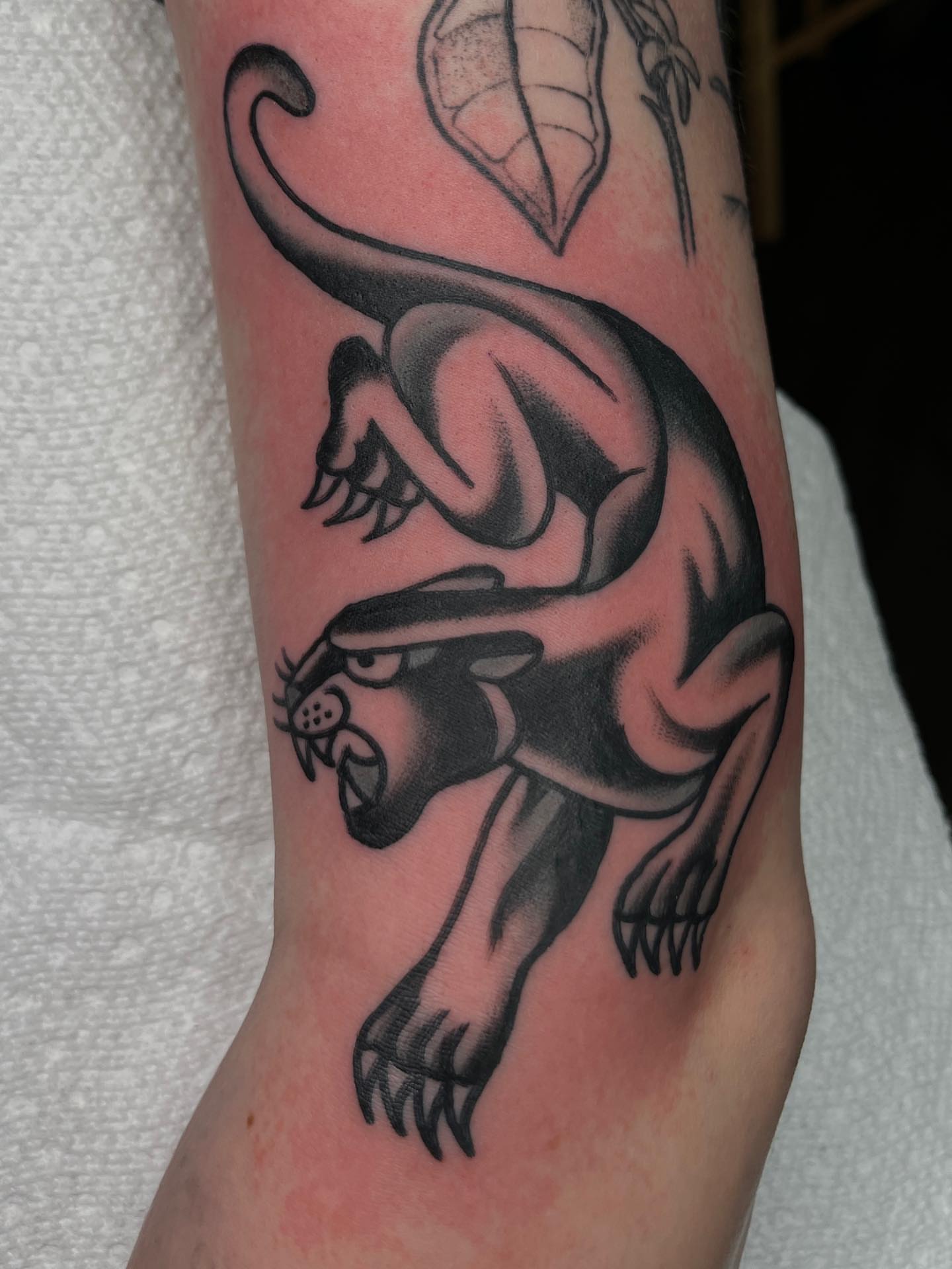 Panther black and grey tattoo on the forearm by Charlie Ostrom, Durham, North Carolina