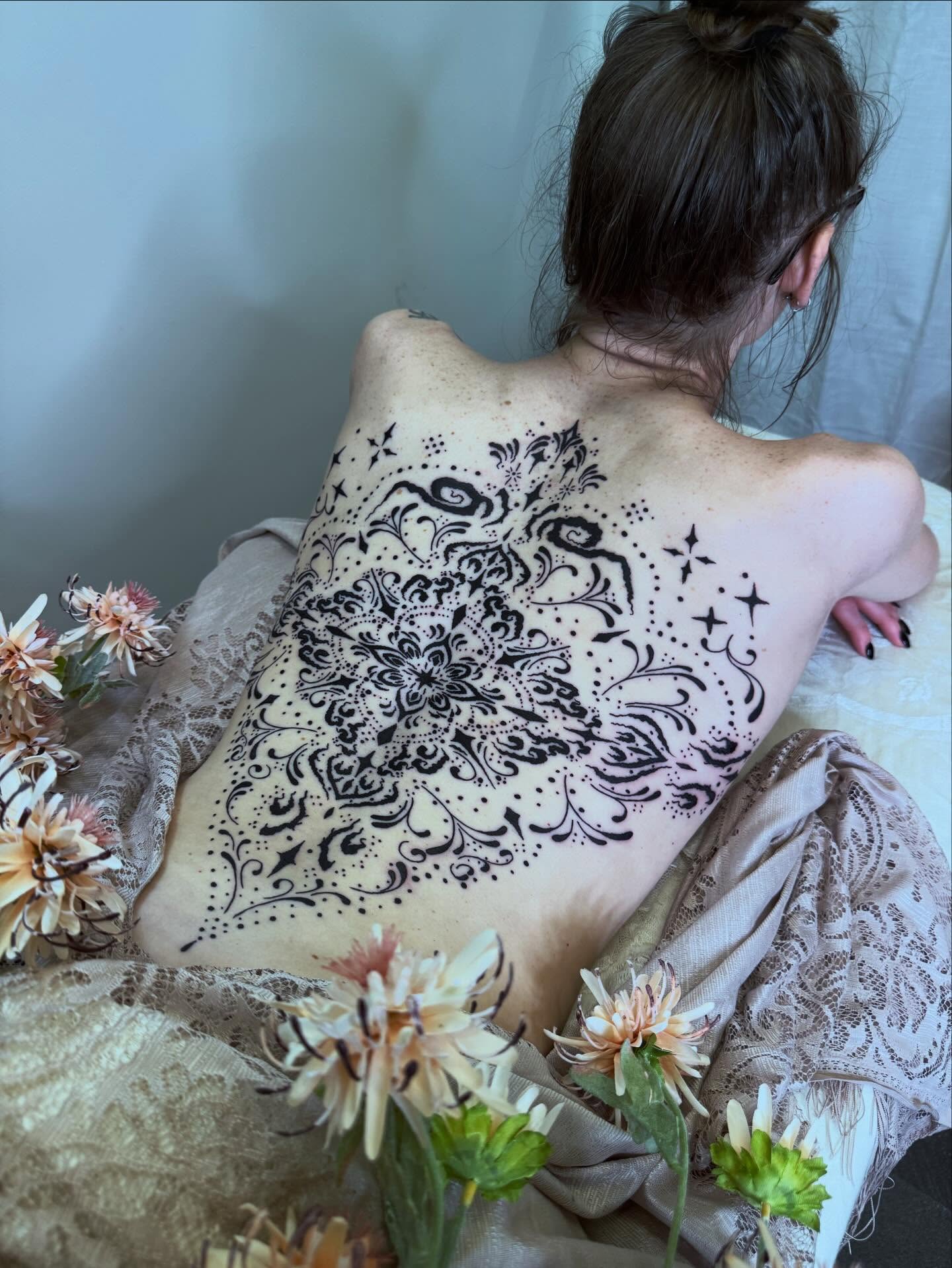 Tattoo by @skittykittykitty — black_and_grey, ornamental
