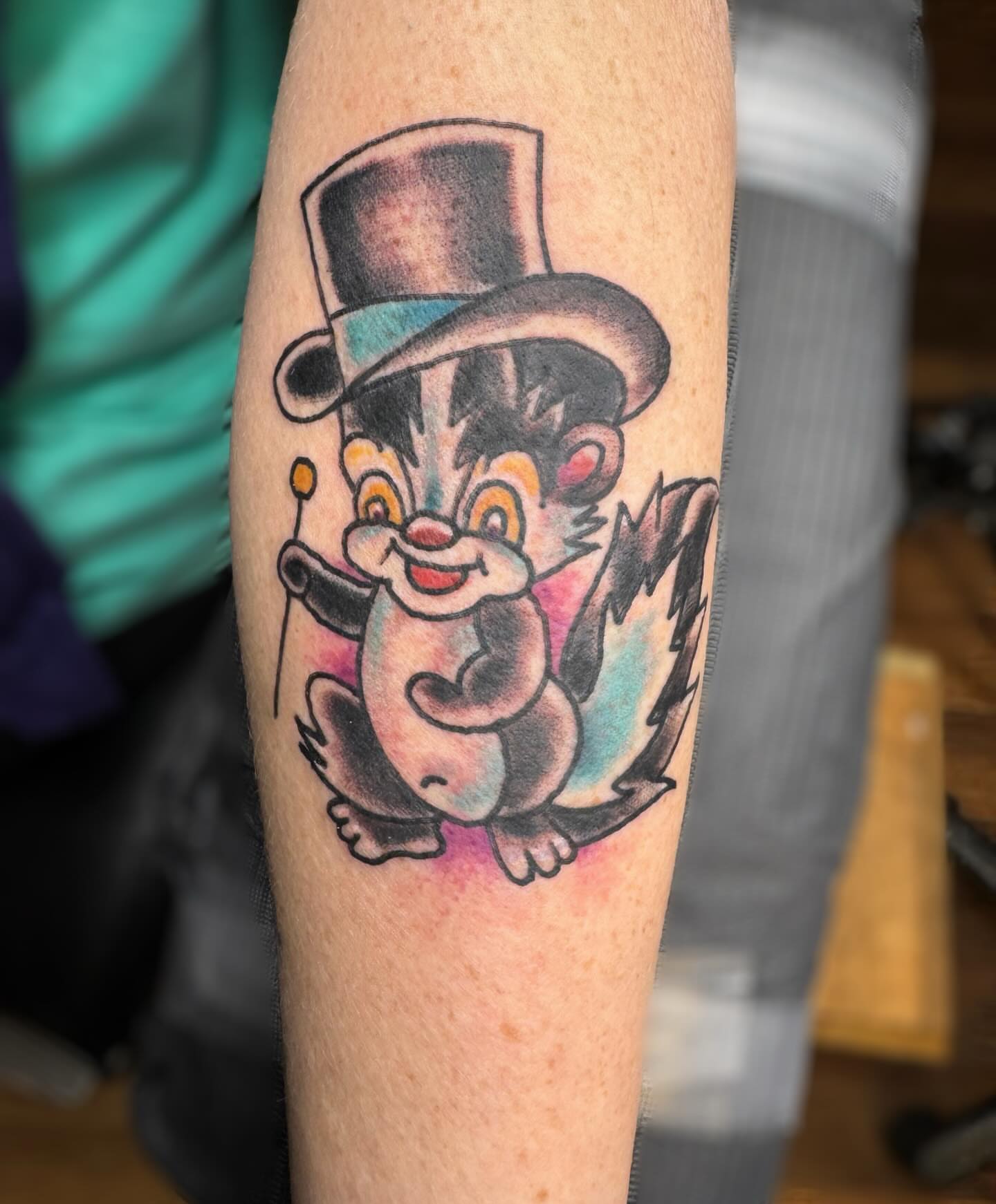 Chipmunk in top hat American traditional tattoo on the forearm by @brocks_tatt_attic_, New Orleans, Louisiana