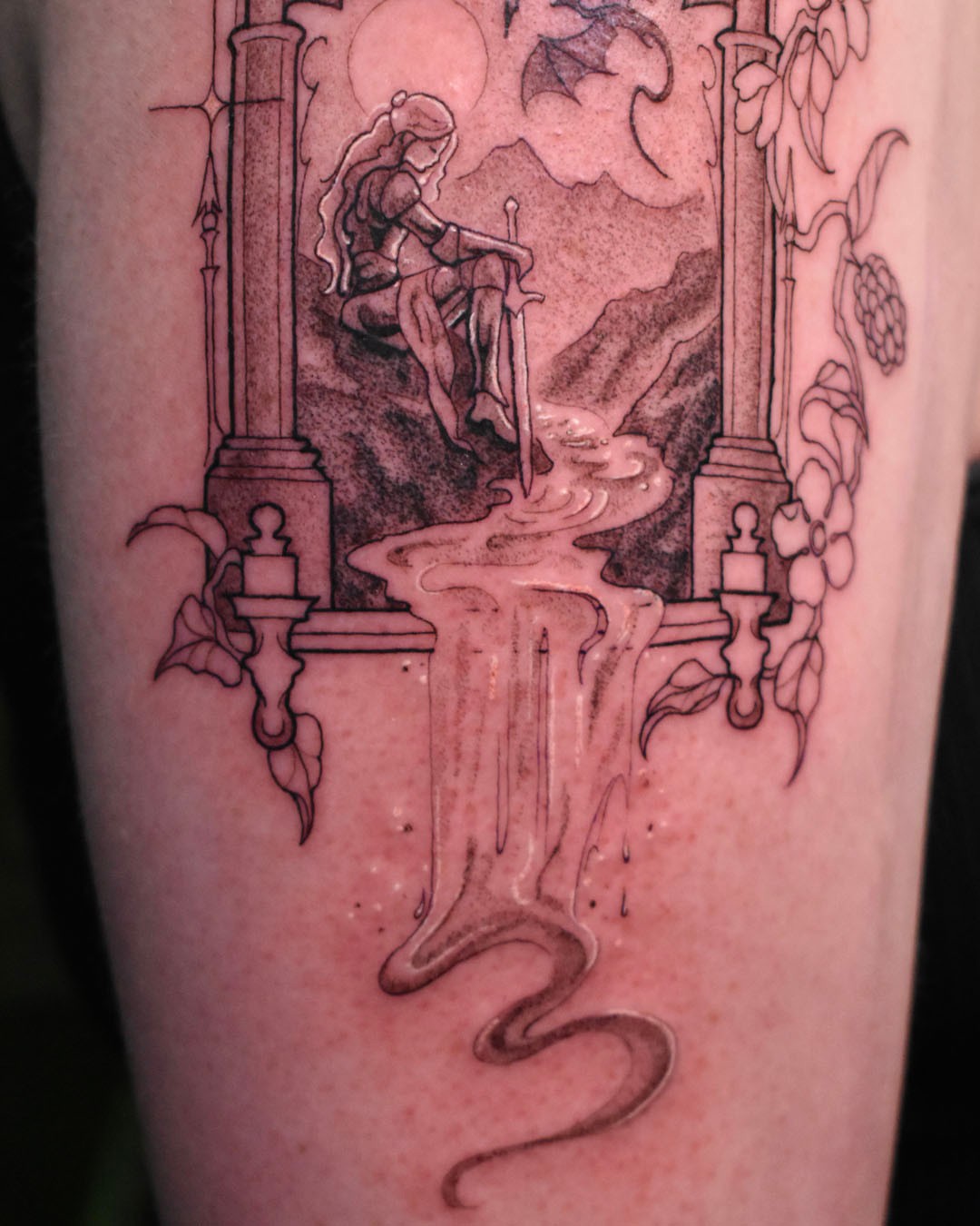 Fountain and figure realism tattoo on the forearm by Erin Isaacs
