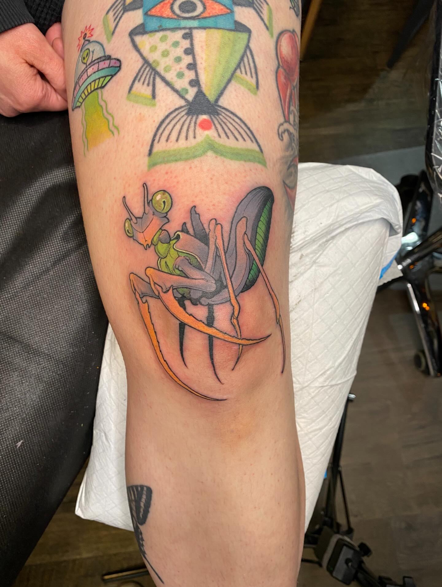 Praying mantis American traditional tattoo on the forearm by Kyle Kozek, Columbus, Ohio
