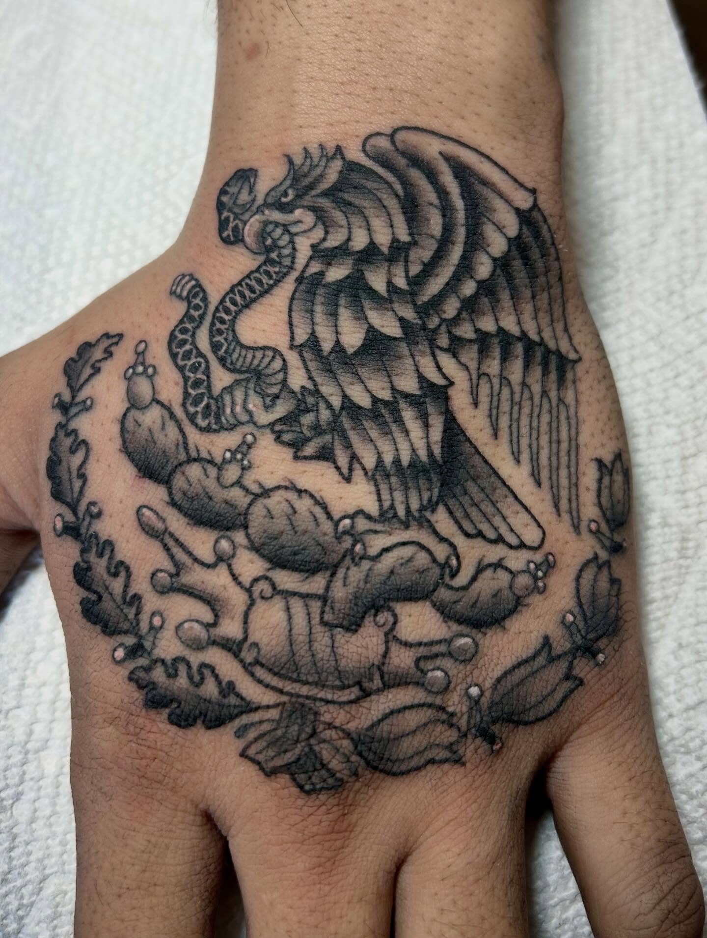 Eagle and snake black and grey tattoo on the hand by darklord_666