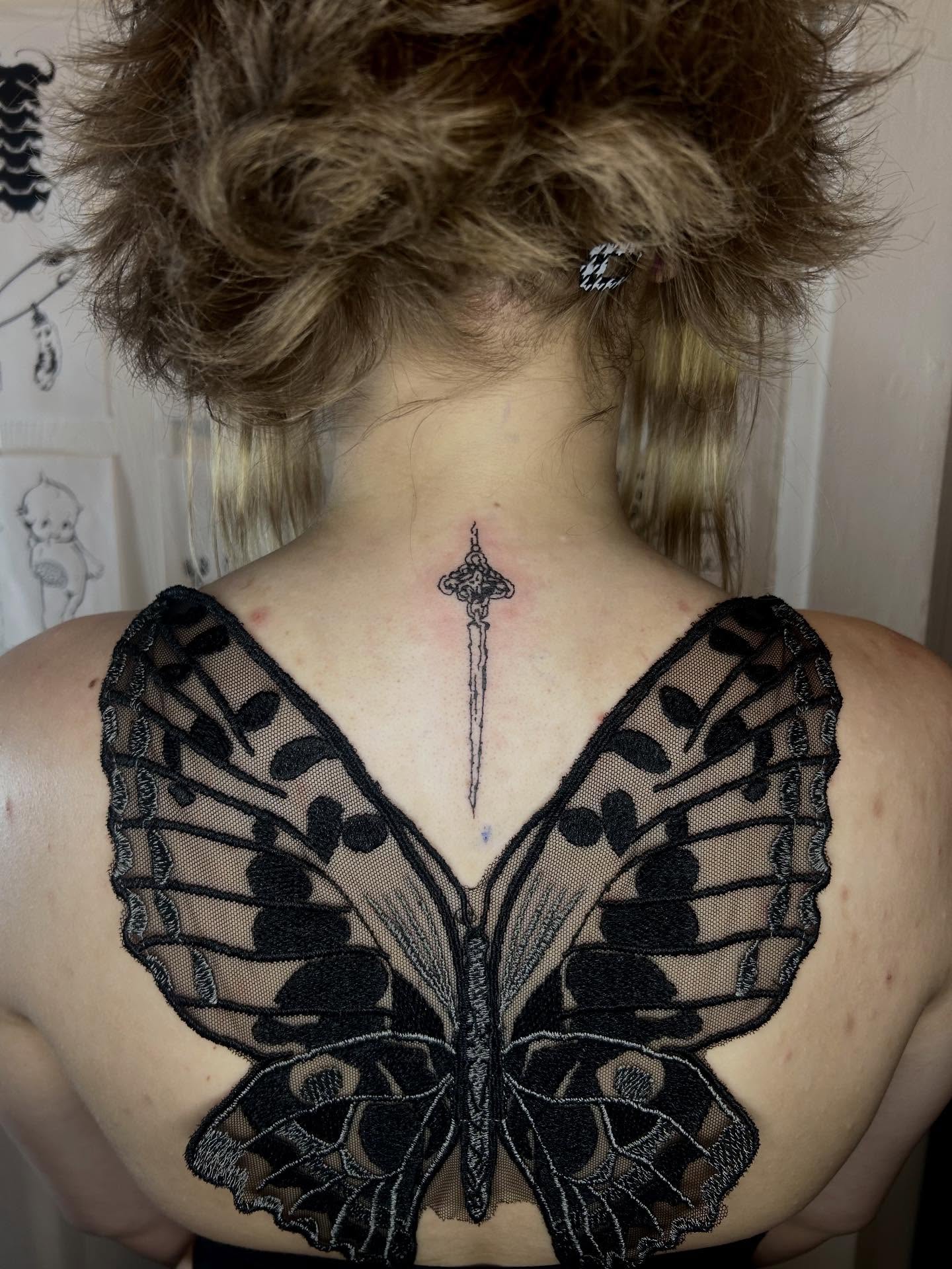 Butterfly black and grey tattoo on the back by (isa)ac ૮₍ ˃̵ࡇ˂̵ ₎ა